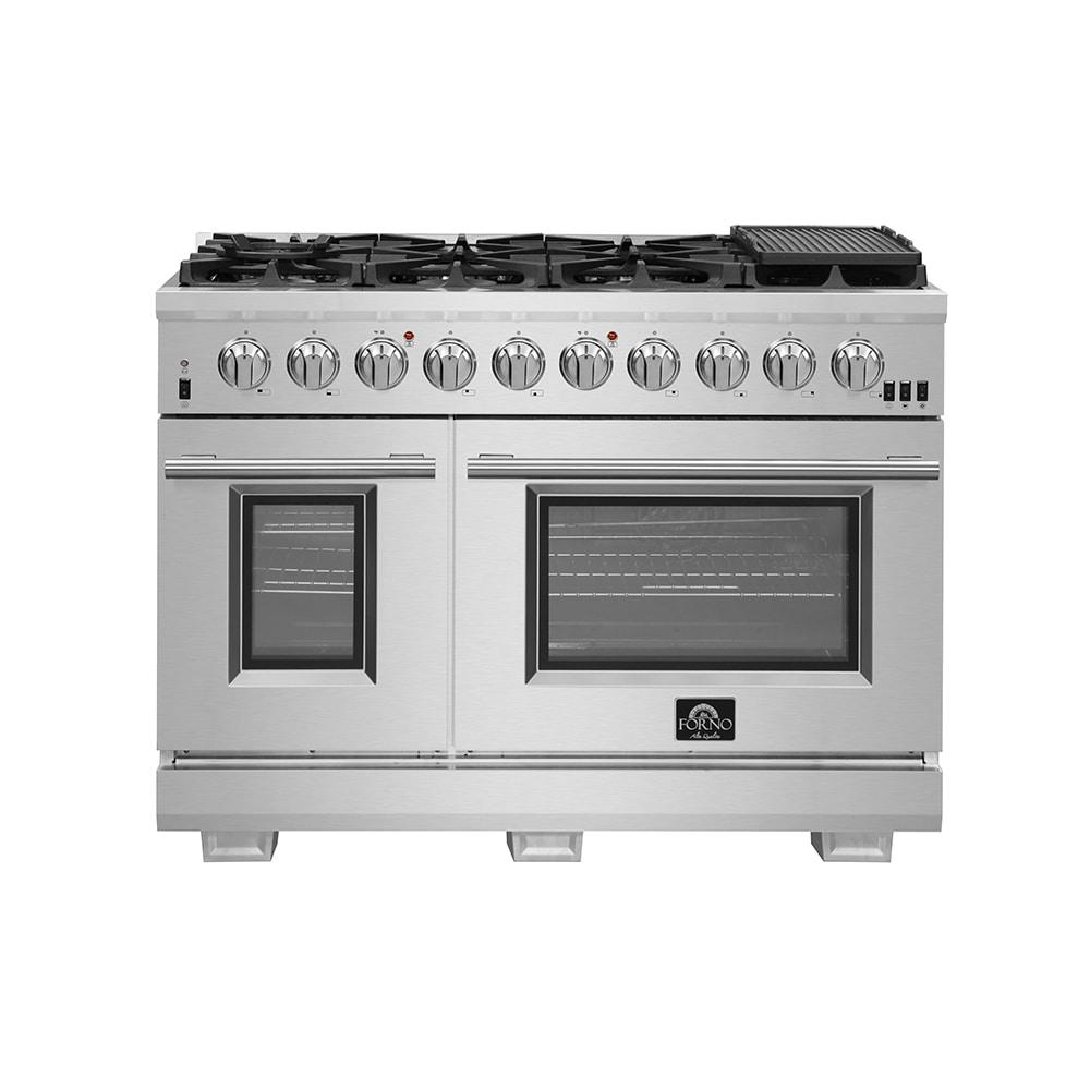 Capriasca 48-inch Gas Range Stainless Steel, 8 Brass Burners 160,000 BTU, 6.58 cu.ft. Double Ovens