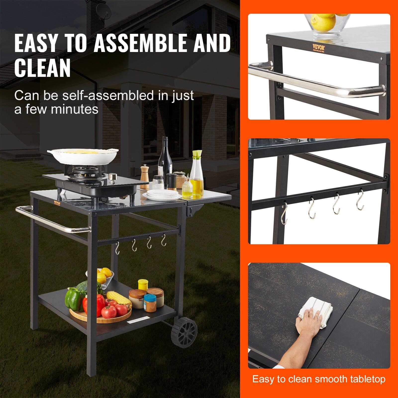 Black Iron Double-Shelf Outdoor Grill Dining Cart with Wheels