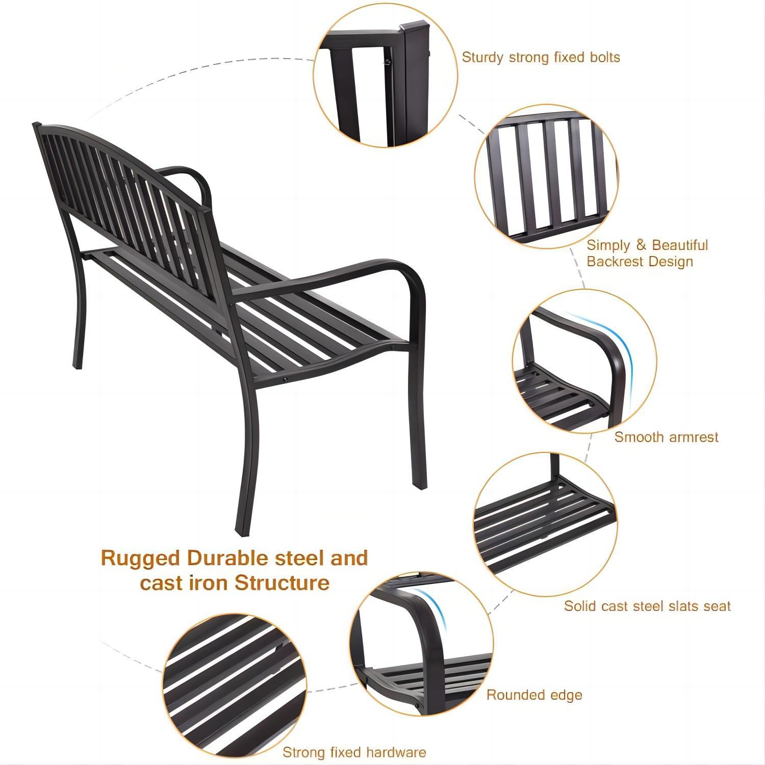 Steel Garden Park Bench Cast Iron Frame Patio Lawn Yard Decor, Black Seating Bench for Yard, Patio, Garden, Balcony, and Deck