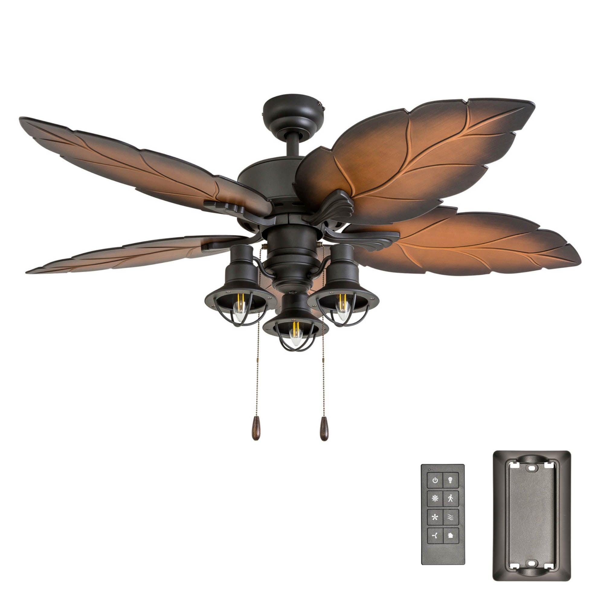 52" Bronze Tropical Ceiling Fan with Palm Leaf Blades and LED Light