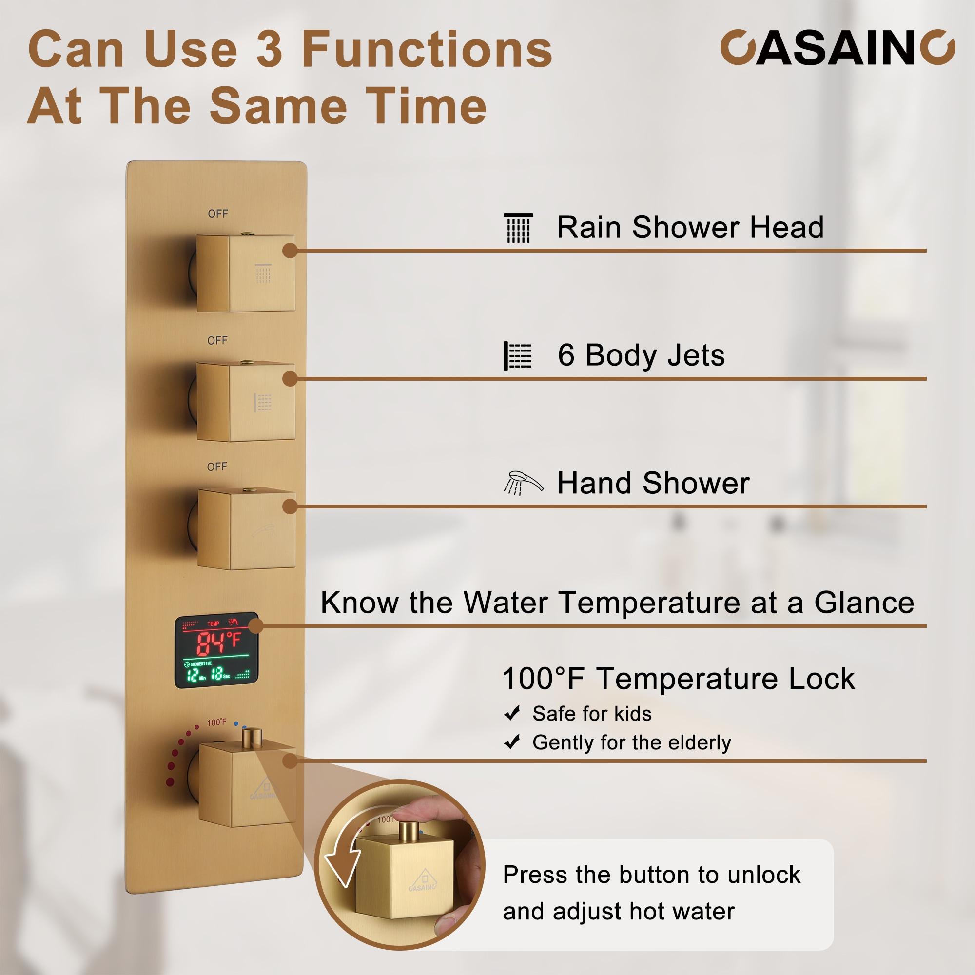 CASAINC KCHS0017-12BG 12 Inch Rainfall Thermostatic Shower System with Body Spray and Temperature Display