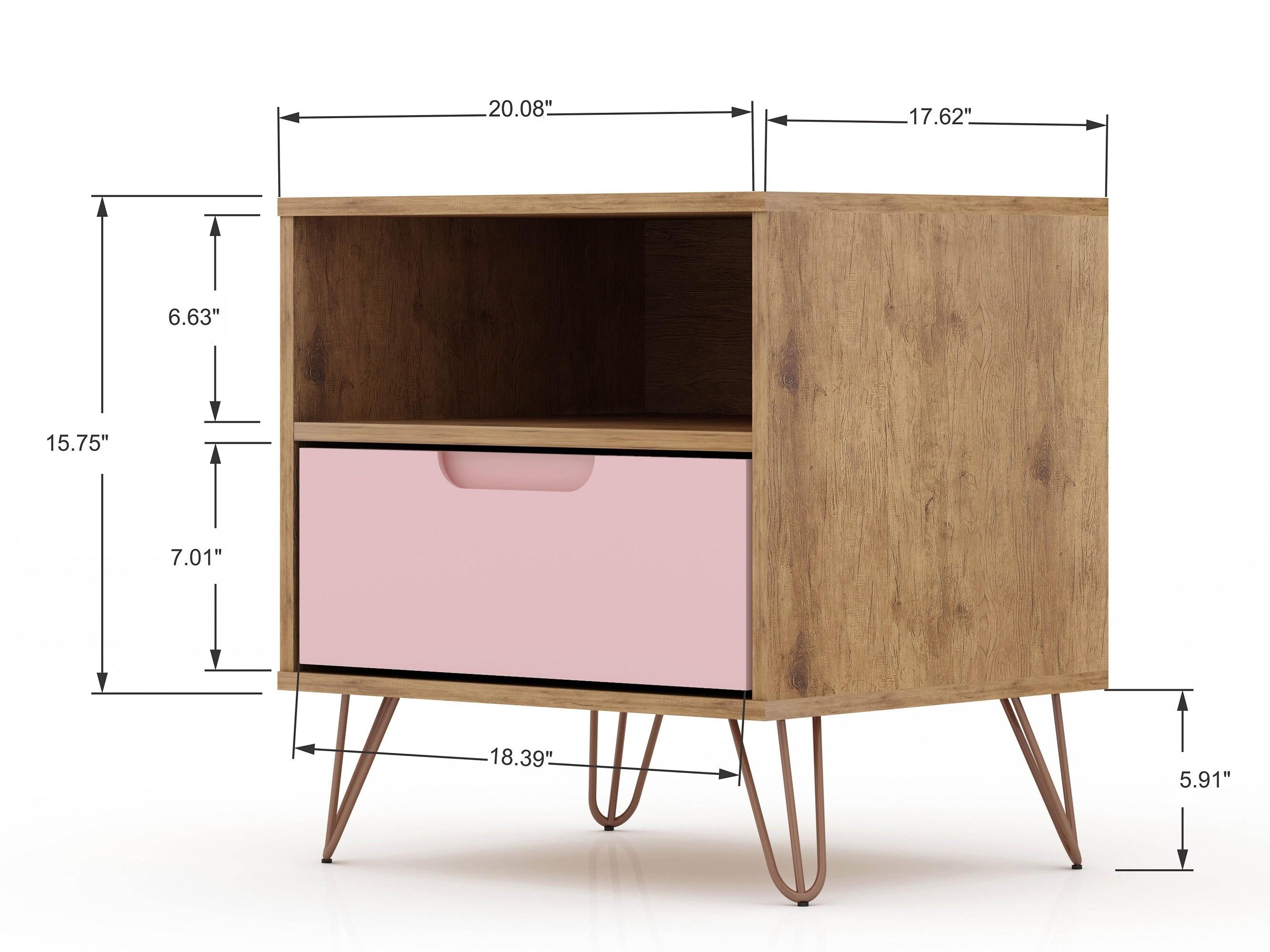 Set of 2 Rockefeller 1 Drawer Nightstands Nature/Rose Pink - Manhattan Comfort: Mid-century Design, Metal Legs, MDF