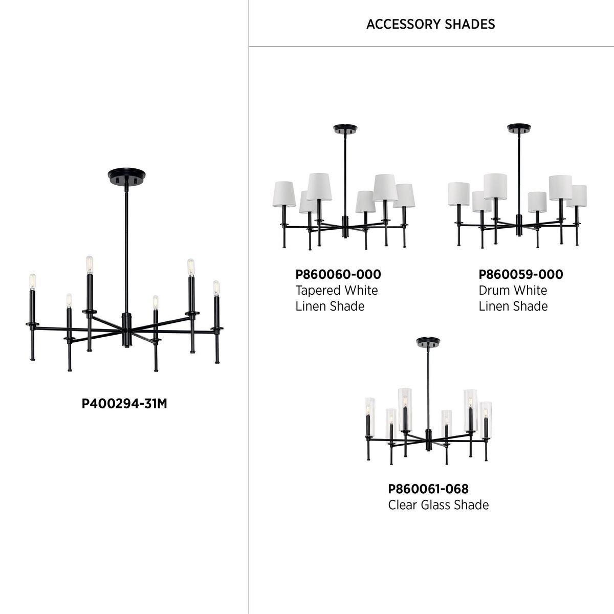 Progress Lighting Elara 6-Light Chandelier, Steel, Matte Black, Clear Glass Shades