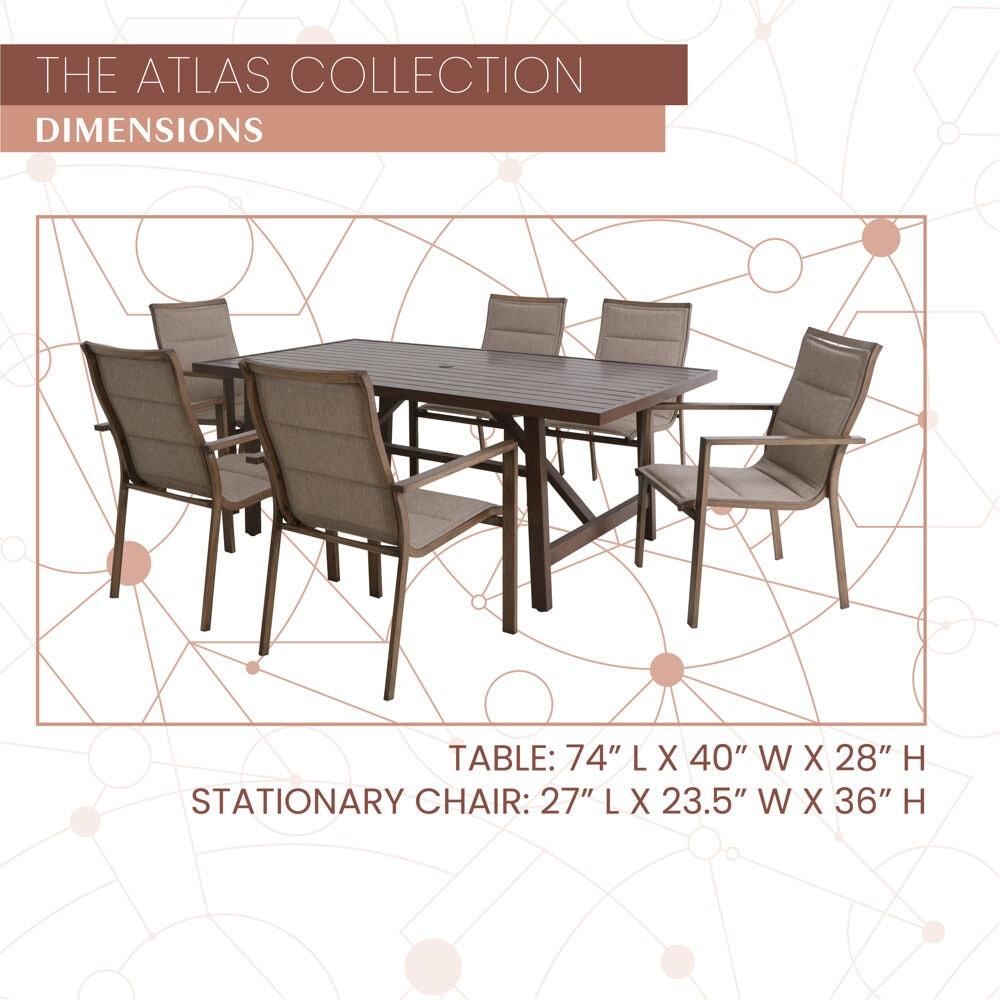 Mod Furniture Atlas 7-Piece Modern Outdoor Dining Set with 6 Padded Sling Chairs and Trestle Style Table, ATLASDN7PC-TAN