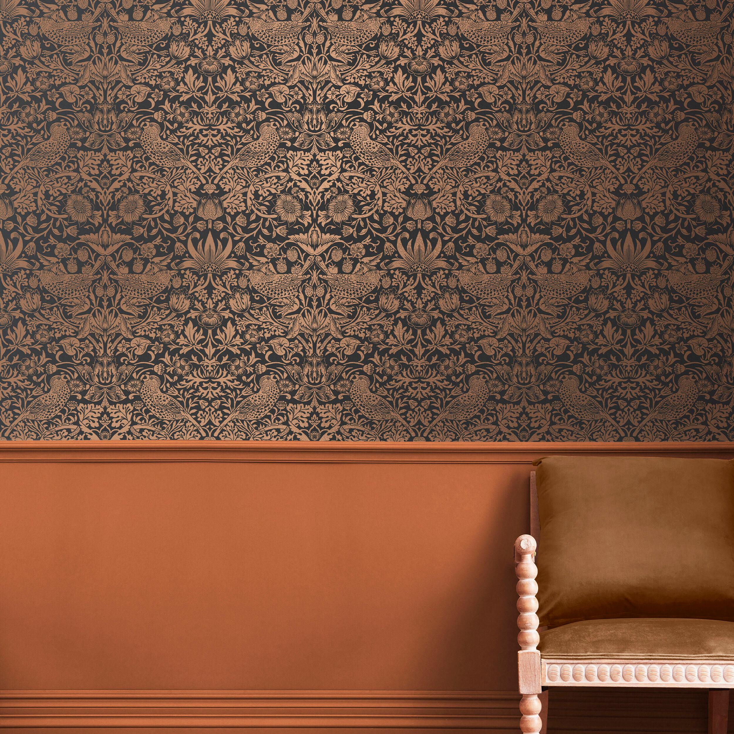 William Morris at Home Strawberry Thief Fibrous Charcoal Wallpaper