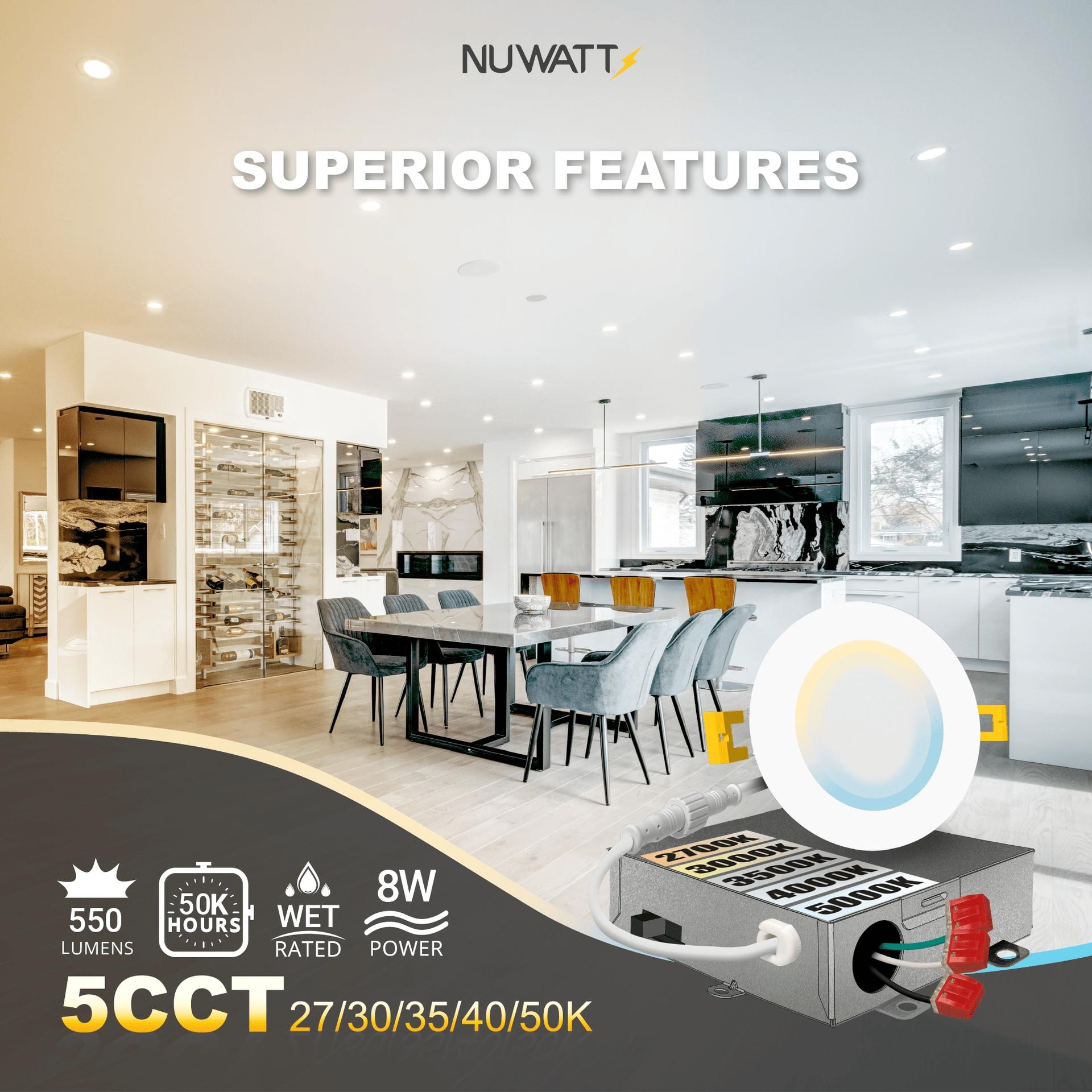 NuWatt 3'' Ultra Slim Selectable CCT New Construction LED Canless Recessed Wafer Light 12 Pack