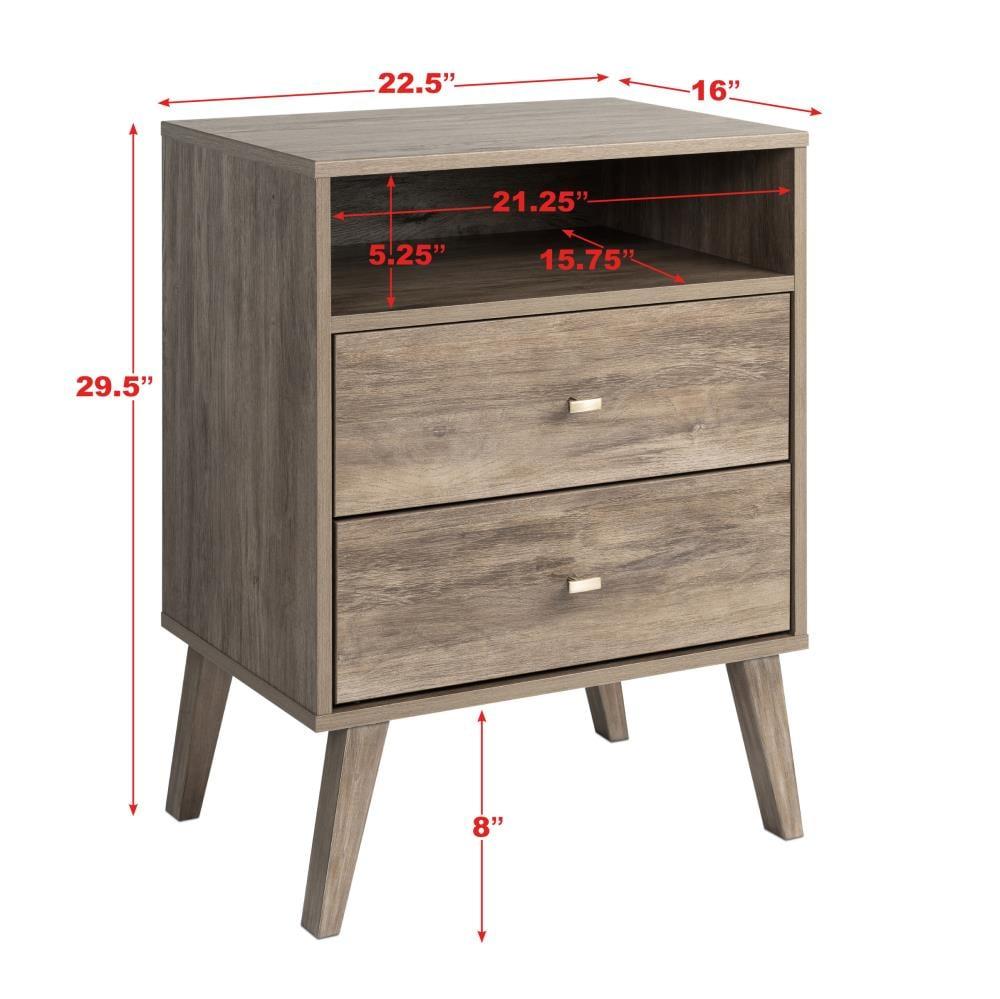 Mid Century Modern 2 Drawer Tall Nightstand with Shelf Drifted Gray - Prepac: MDF & Particle Board Construction, Includes Anti-Tip Hardware