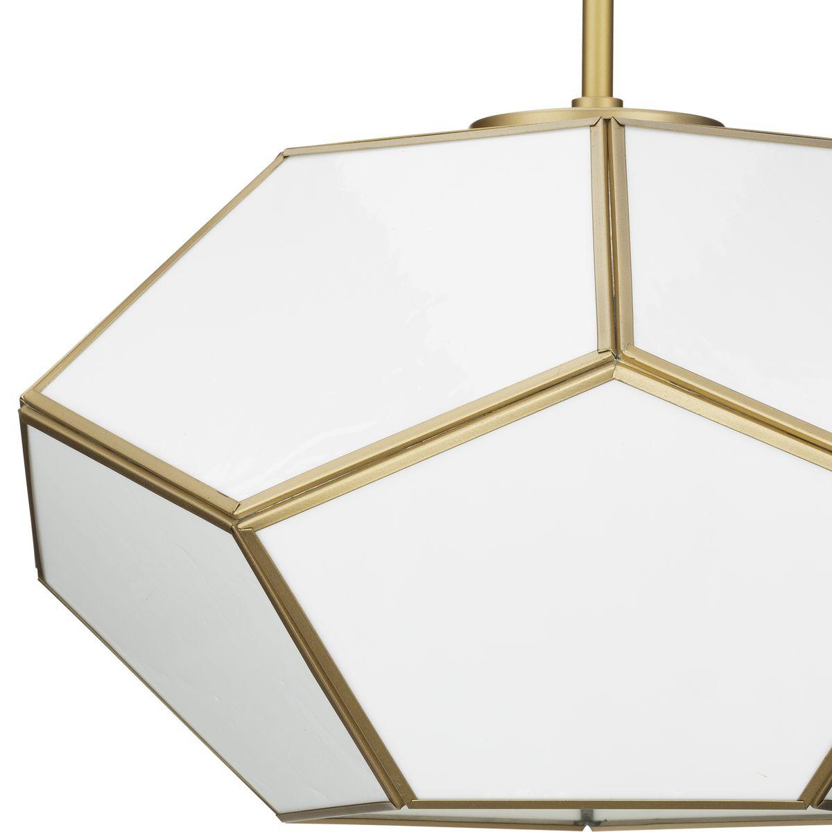 Progress Lighting Latham 3-Light Semi-Flush Mount, Vintage Gold, White Art Glass. Geometric framework with handmade glass.