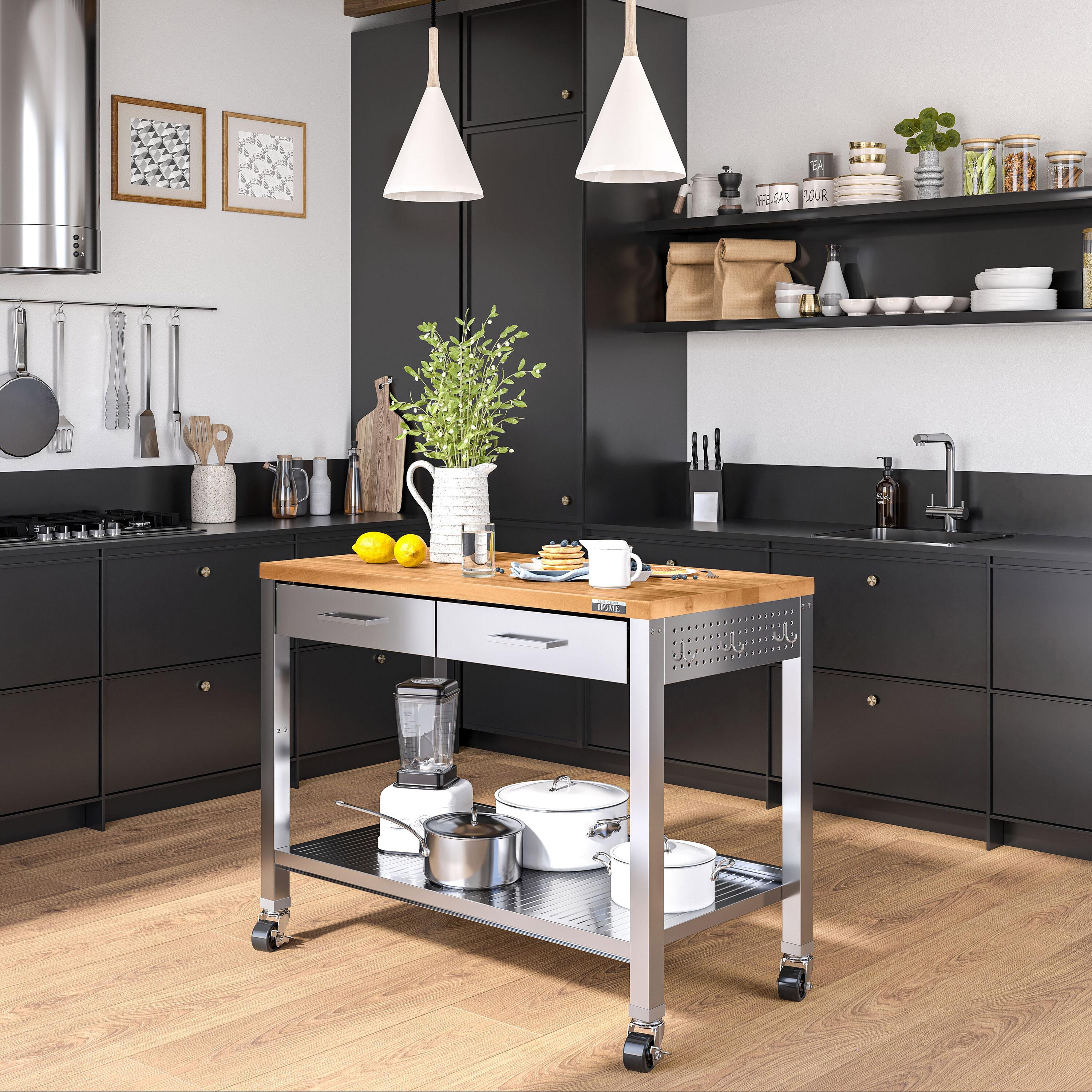 48'' Wide Stainless Steel Kitchen Rolling Cart Island with Solid Wood Top