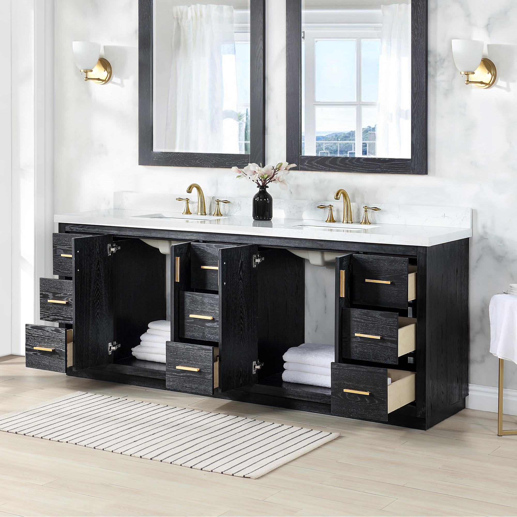 Altair Gazsi Wood Vanity with Composite Stone Top, 84" Black Oak, No Mirror
