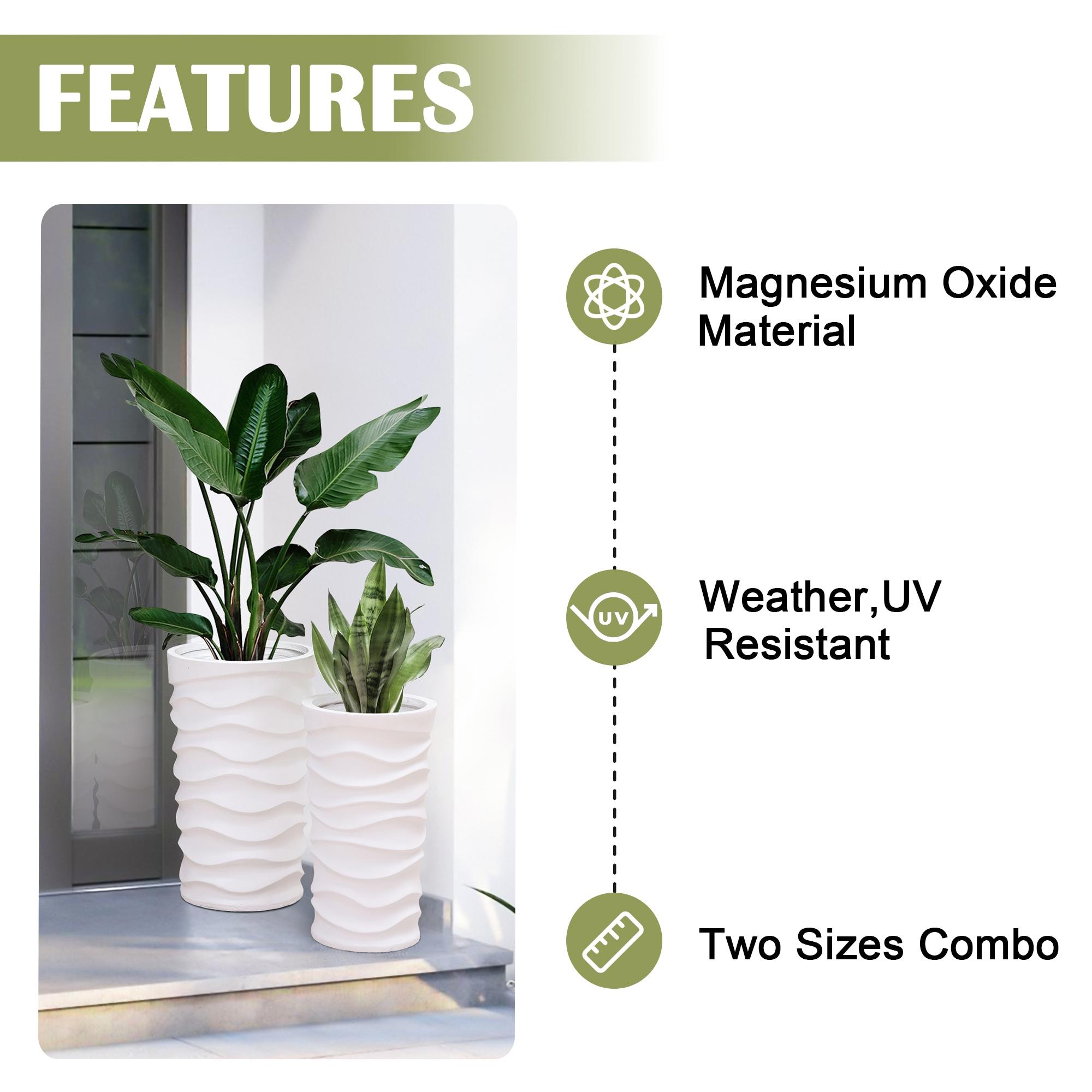 LuxenHome Set of 2 White Waves Tall Round MgO Planters
