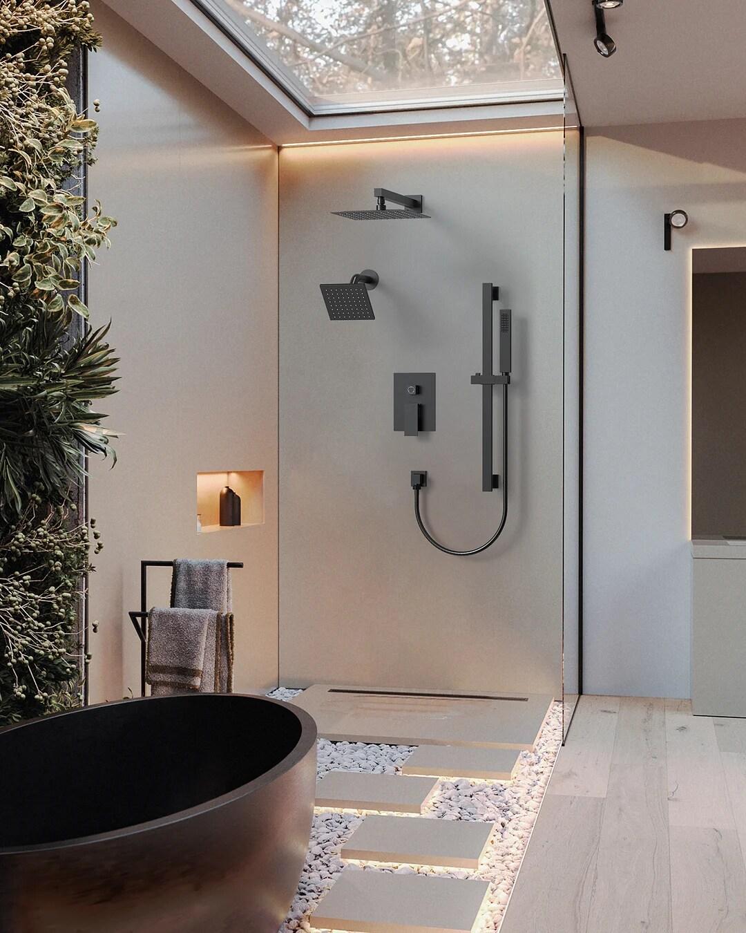 GRANDJOY Complete Shower System, 10" and 6" Dual Wall Mount Rain Shower Faucets with Handheld Shower Spray, High Pressure in Matte Black