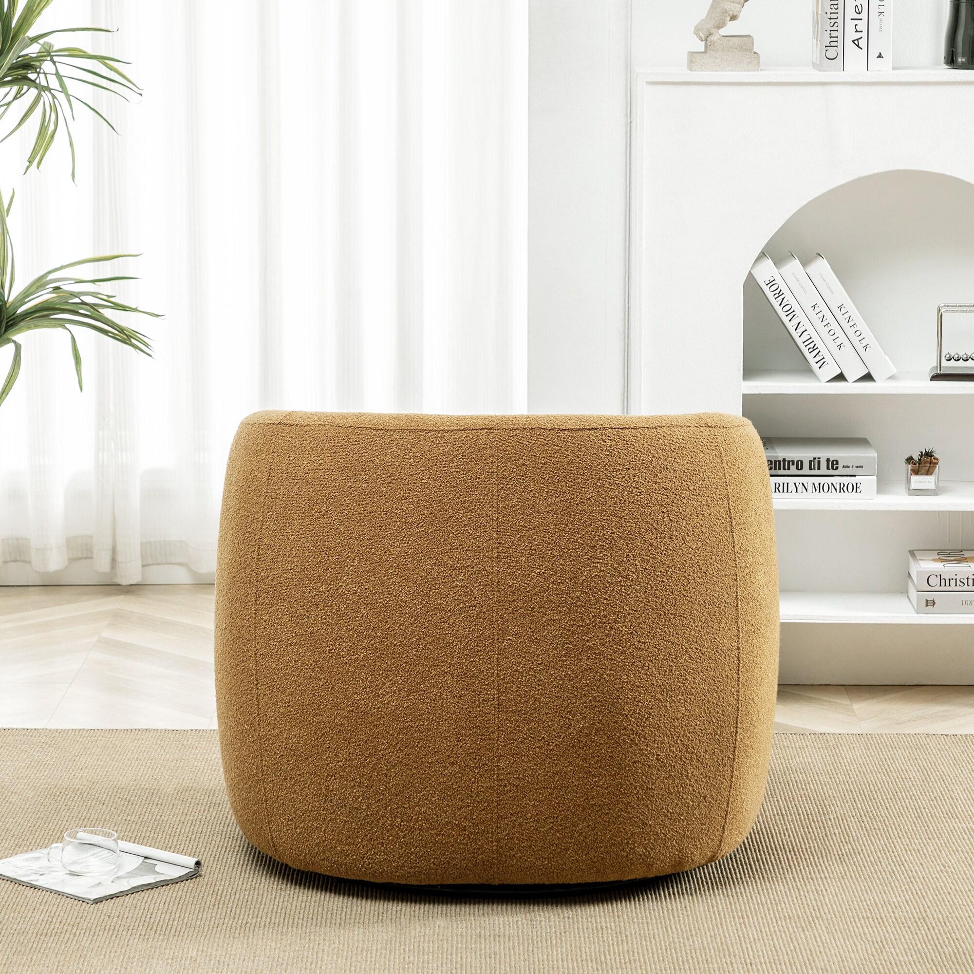 34" Wide Boucle Swivel Barrel Chair, No Assembly Round Upholstered Armchair Accent Chair Single Sofa Chair with Toss Pillow for Living Room and Bedroom, Brown