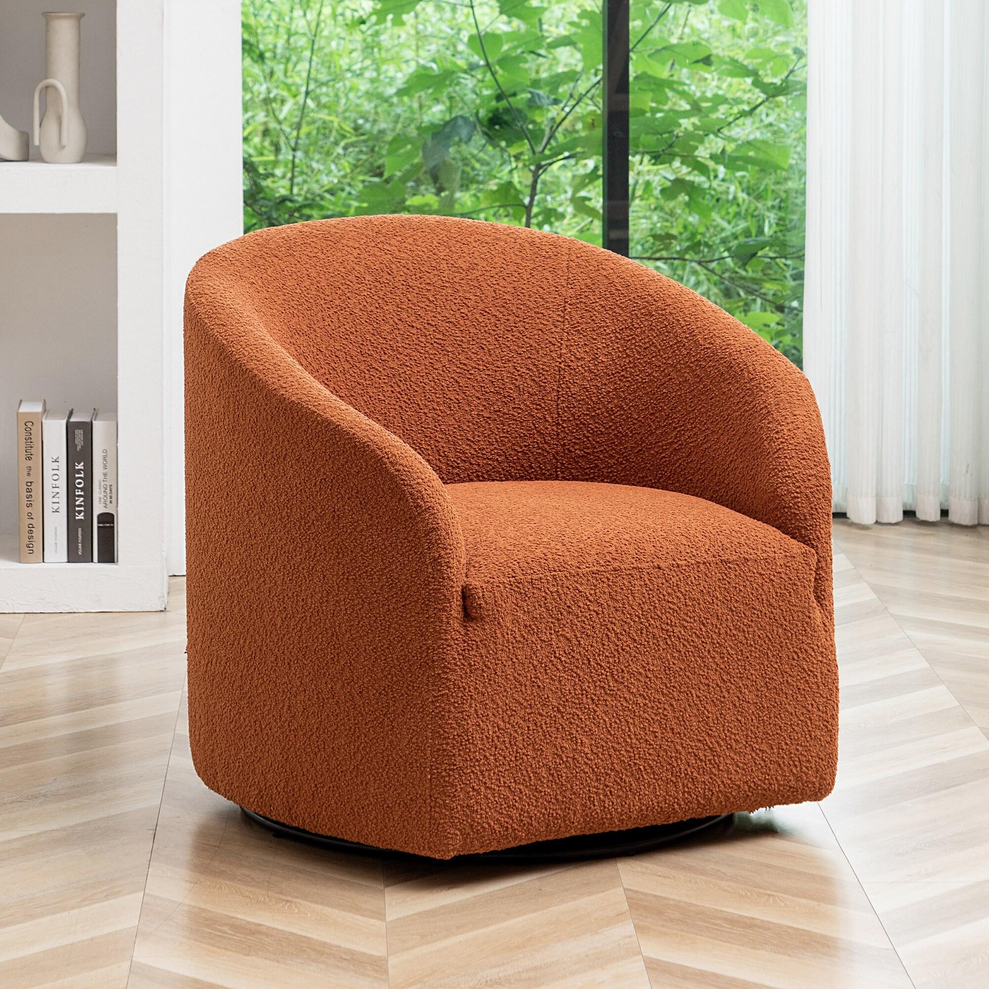 Kinwell 32" Wide Boucle Upholstered Swivel Barrel Chair Caramel: Mid-Century Modern, No Assembly Required