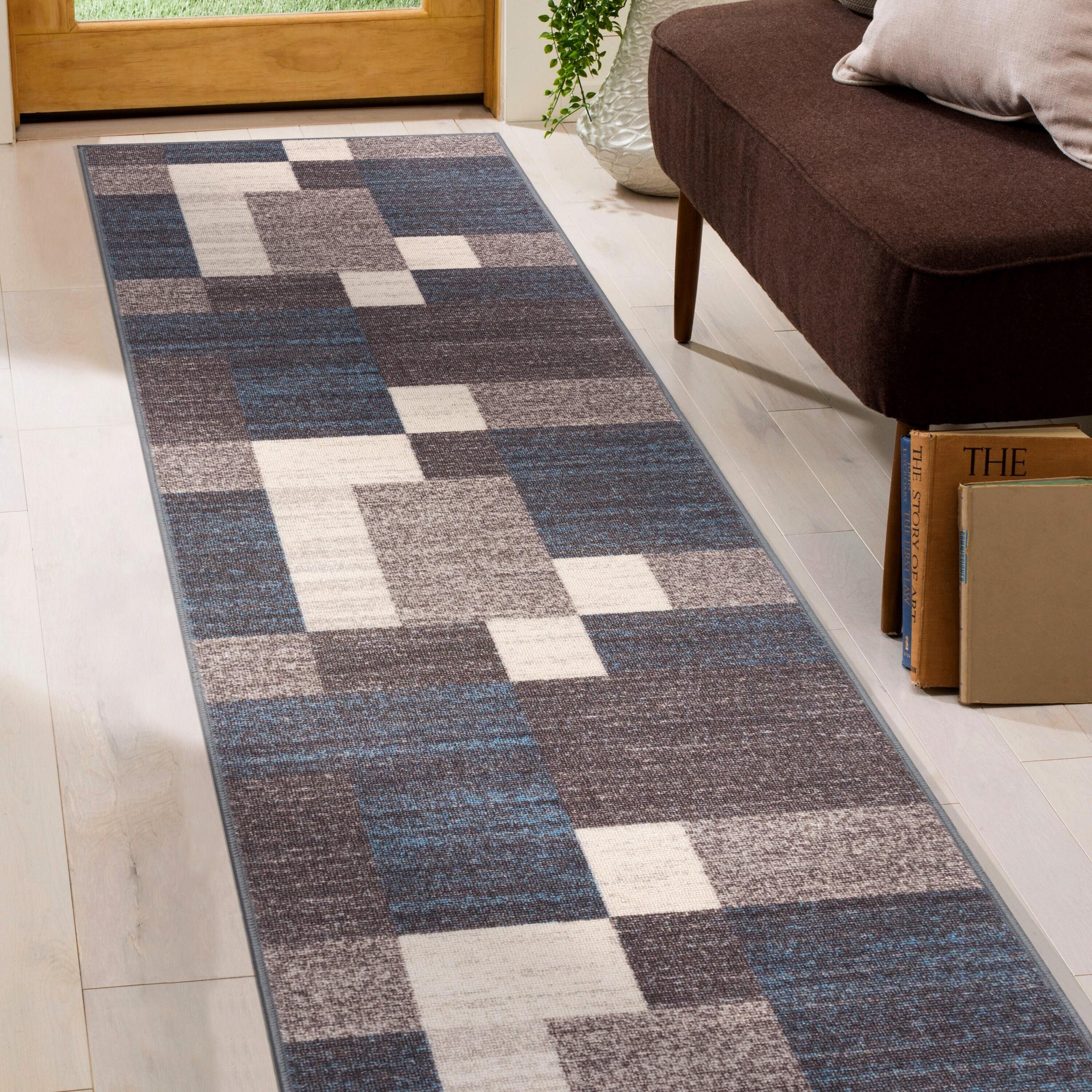 World Rug Gallery Modern Boxes Design Non-slip (Non-skid) Blue 22" x 84" Indoor Runner Rug:  Low Pile Area Rug
