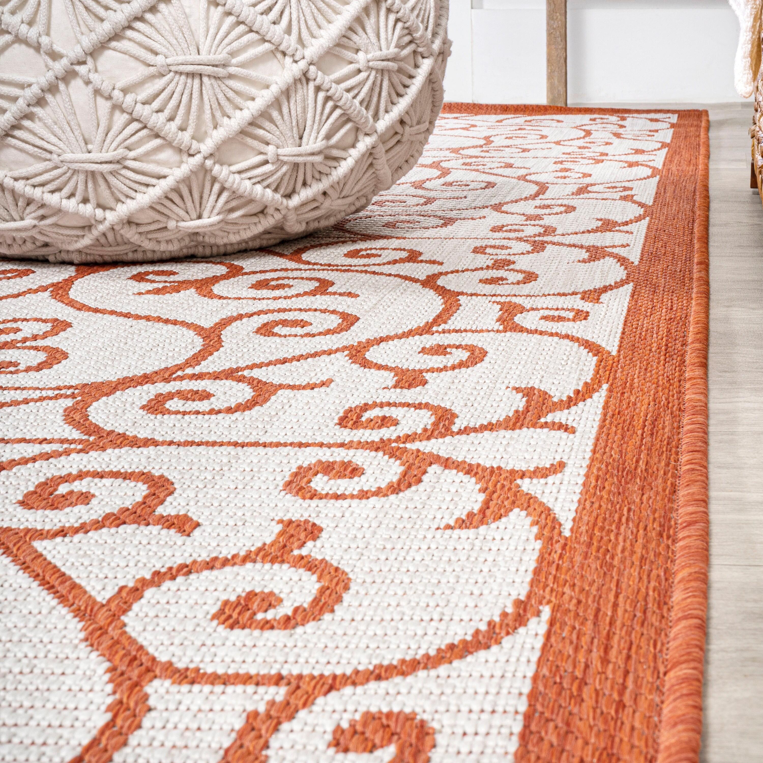 4' x 6' Madrid Vintage Filigree Textured Weave Indoor/Outdoor Area Rug, Cream/Orange - JONATHAN Y