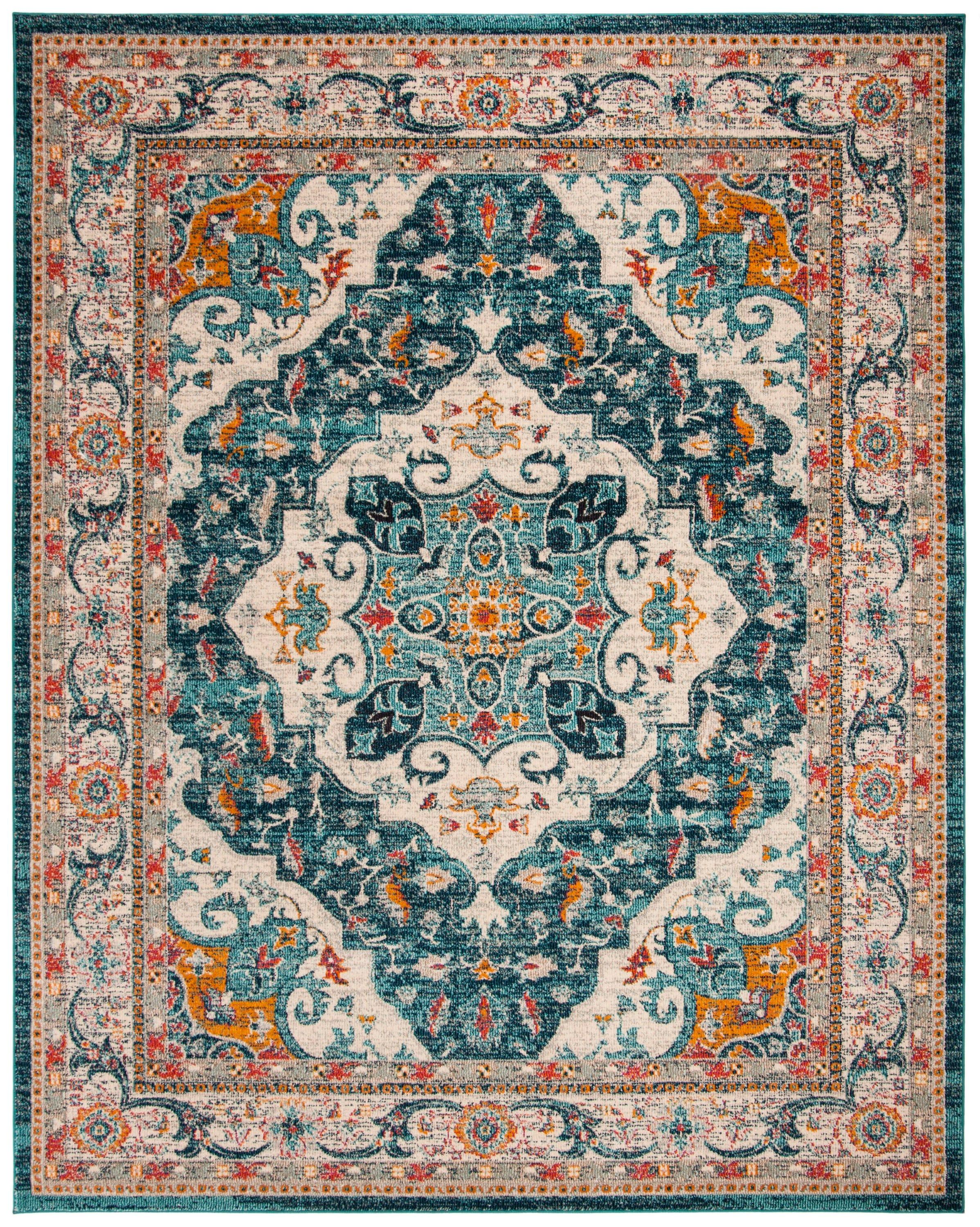 SAFAVIEH Phoenix Collection Area Rug - 9' x 12', Ivory & Blue, Boho Chic Oriental Medallion Design, Non-Shedding & Easy Care, Ideal for High Traffic Areas in Living Room, Bedroom (PHX154M)
