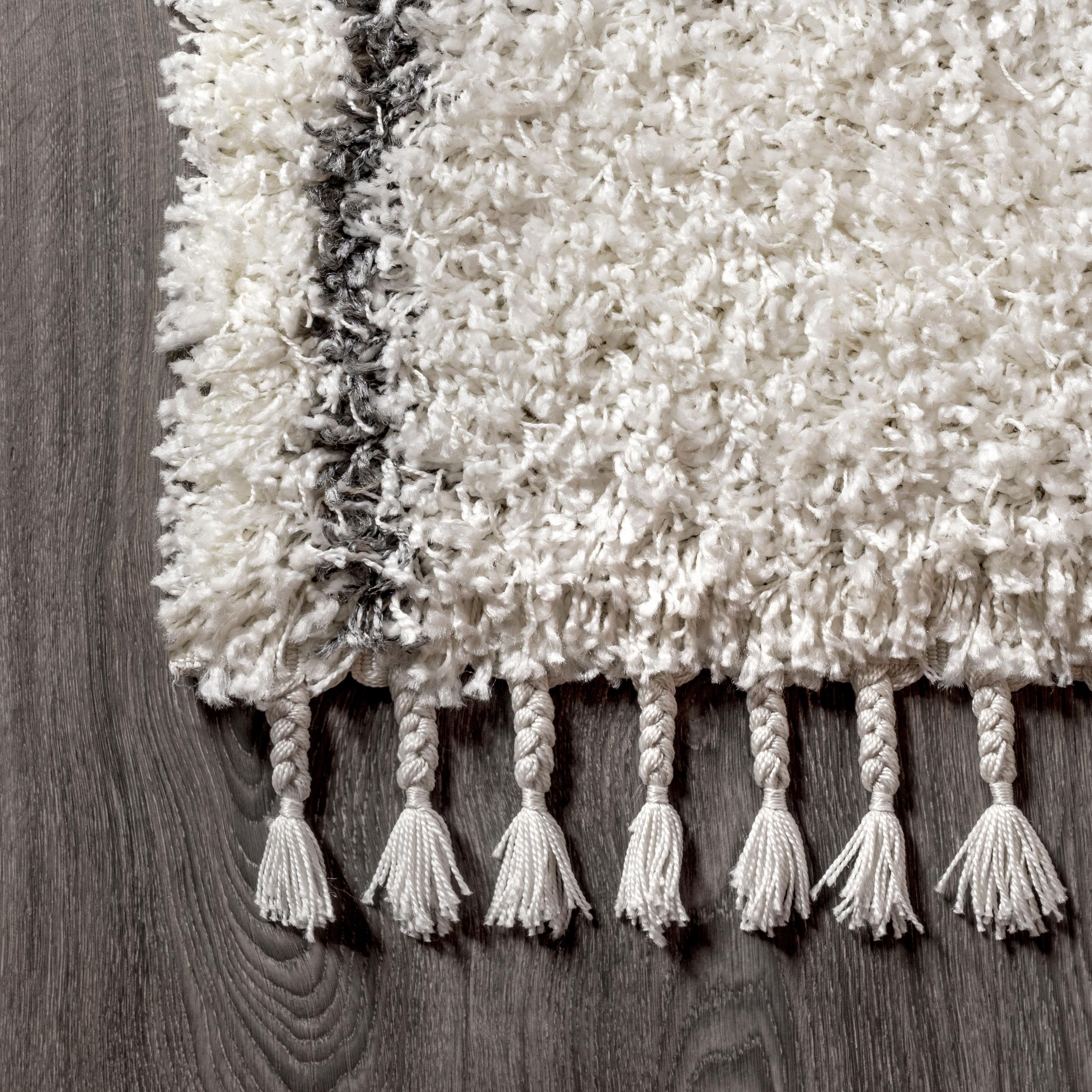 8'x10' Mercer Shag Plush Tassel Moroccan Geometric Trellis Area Rug, Cream/Grey - JONATHAN Y