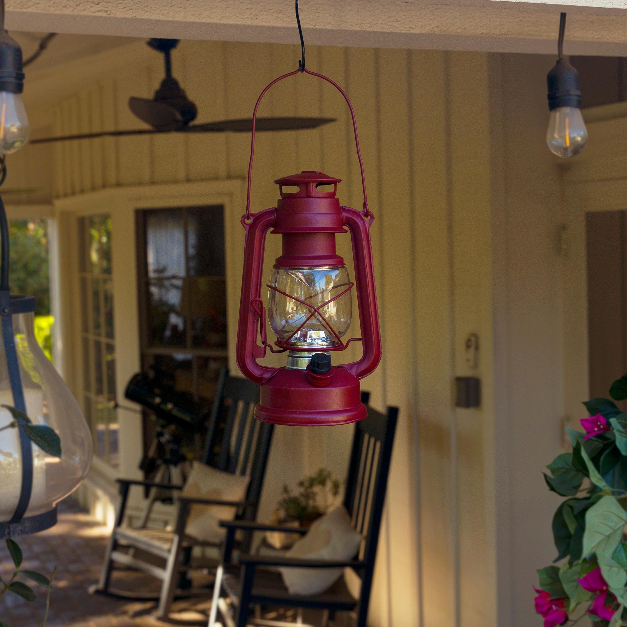 Red Hurricane Lantern with Cool White LED Lights