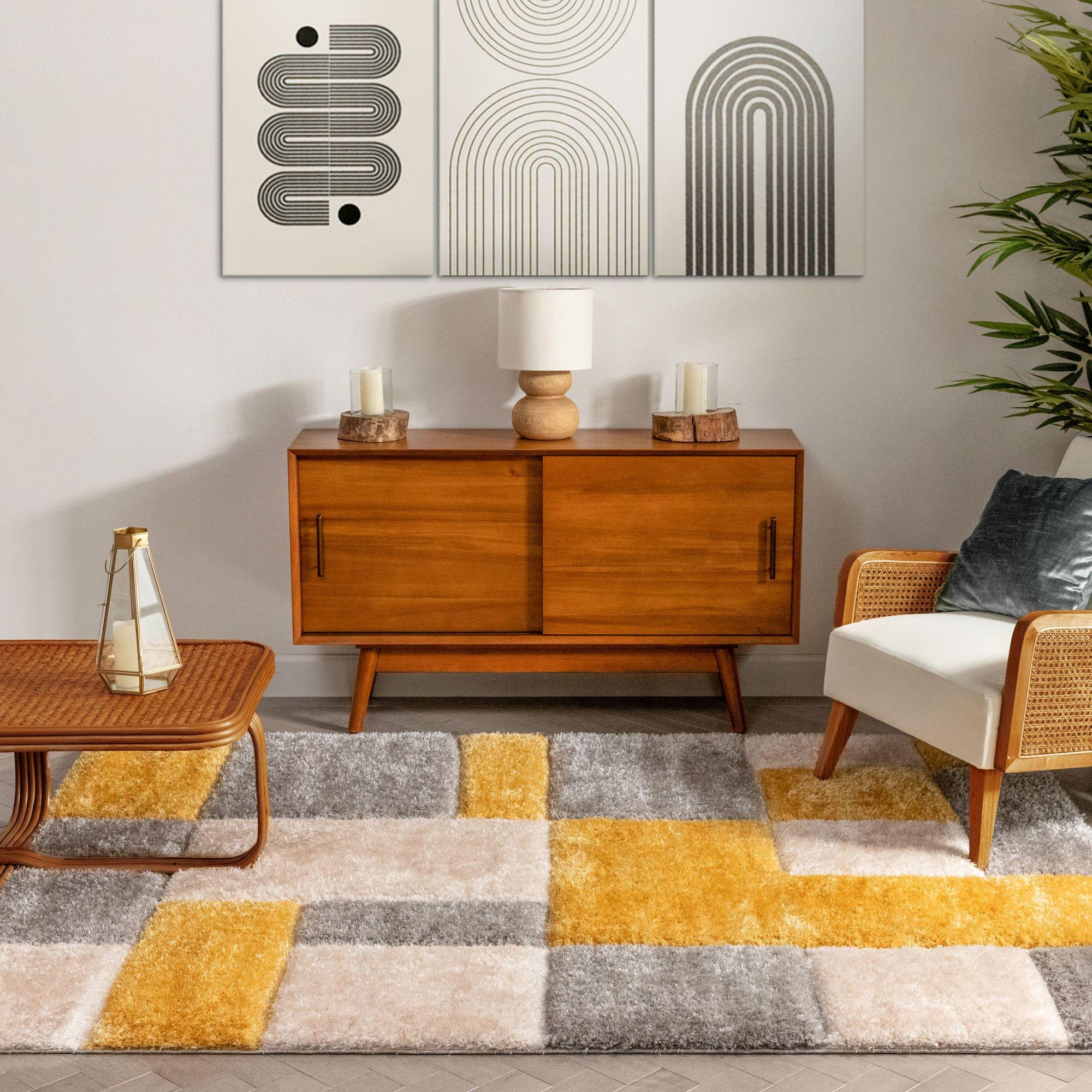 Well Woven San Francisco Escondido Yellow Modern Geometric 3D Textured Shag Rug