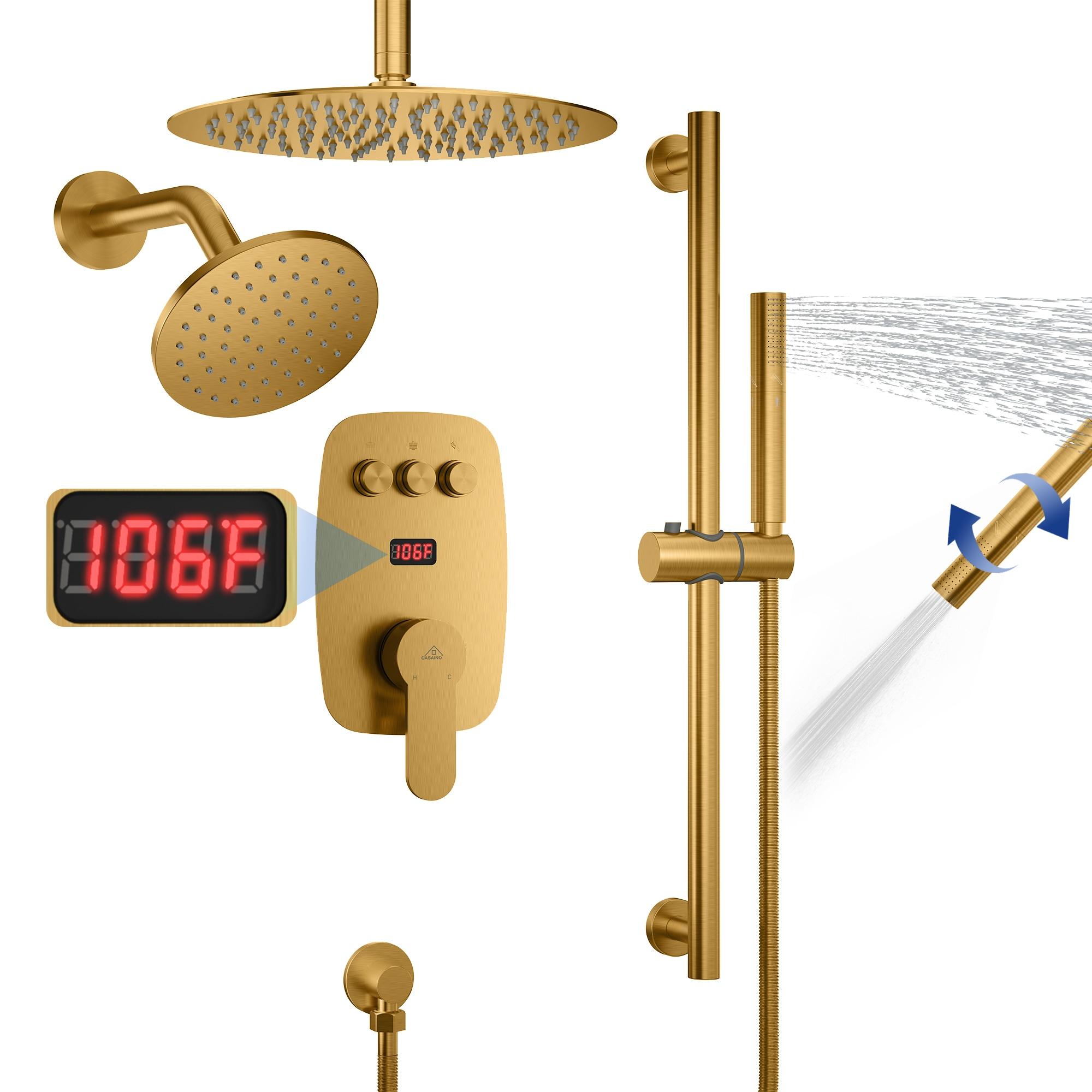 Rainfall Symphony 12inch Dual Showerhead Temperature Display Shower System with 2 in 1 Slider Bar Shower Handheld