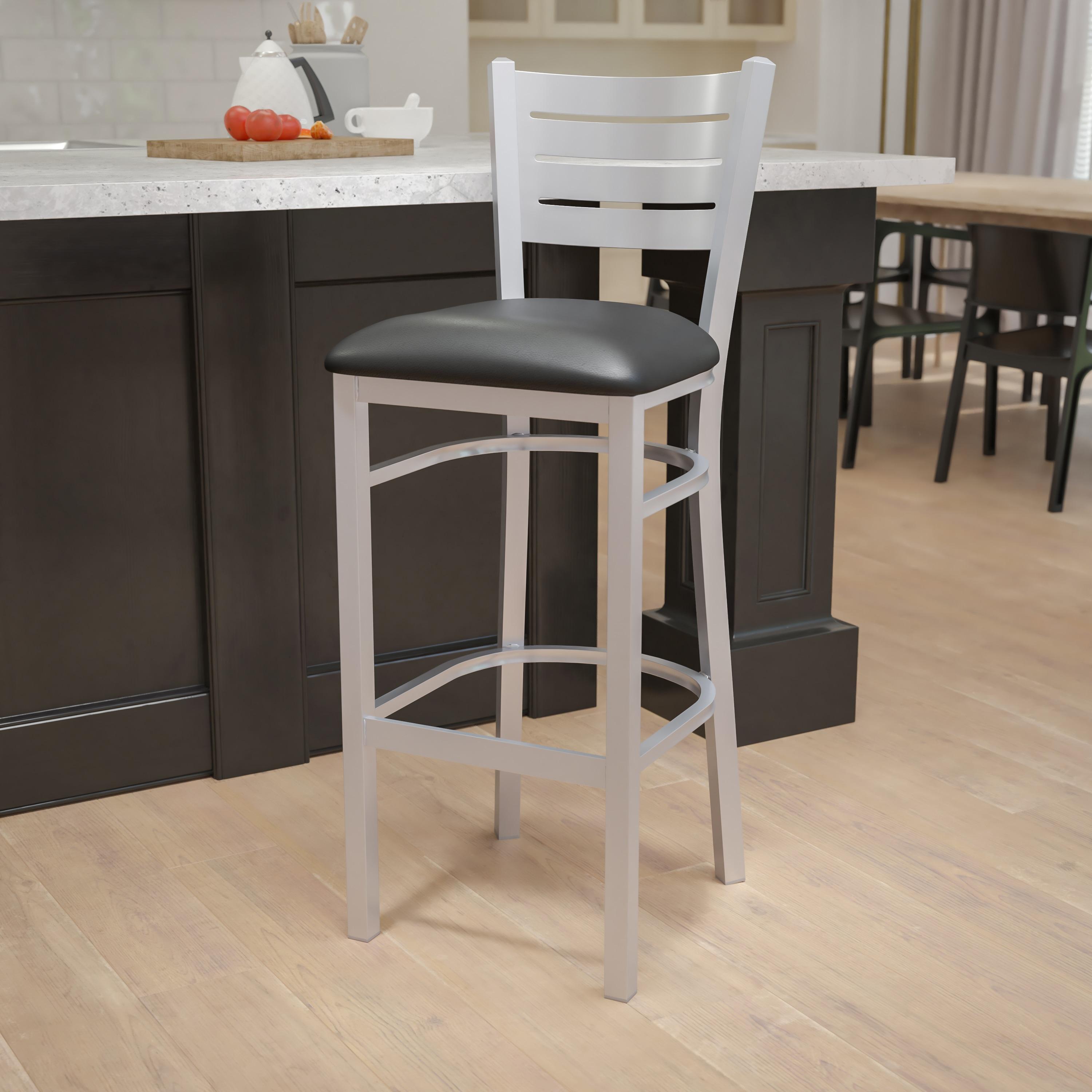 Flash Furniture HERCULES Series Silver Slat Back Metal Restaurant Barstool - Black Vinyl Seat