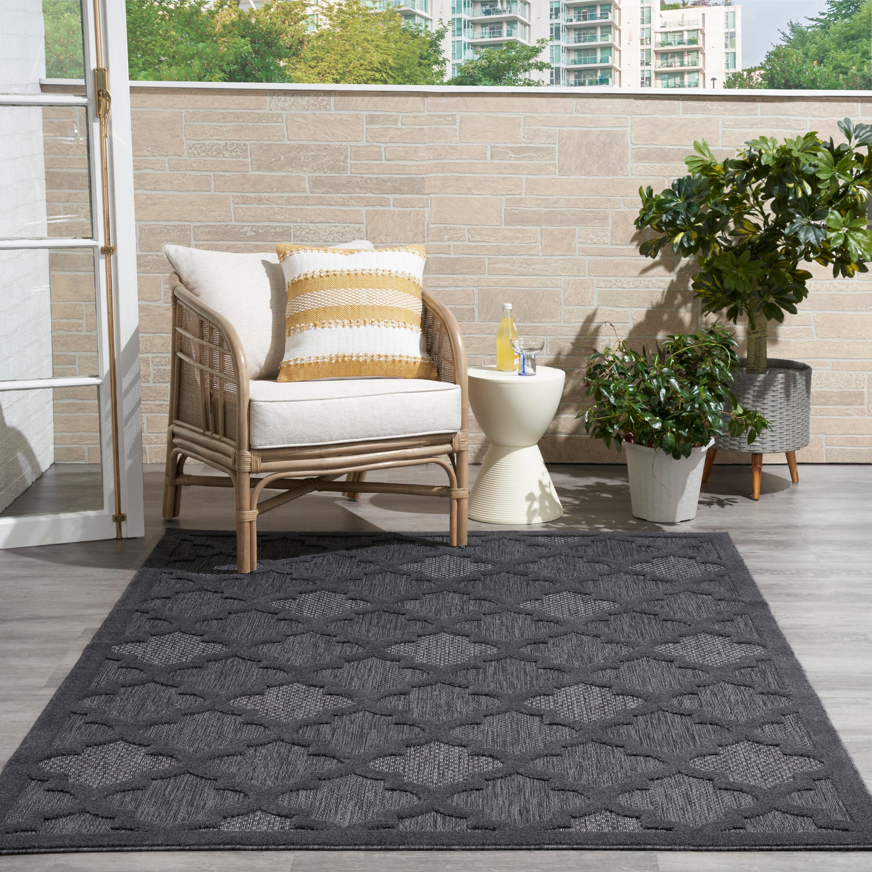 Nourison Easy Care Trellis Flatweave Indoor Outdoor Area Rug 5' x 7' Charcoal/Black