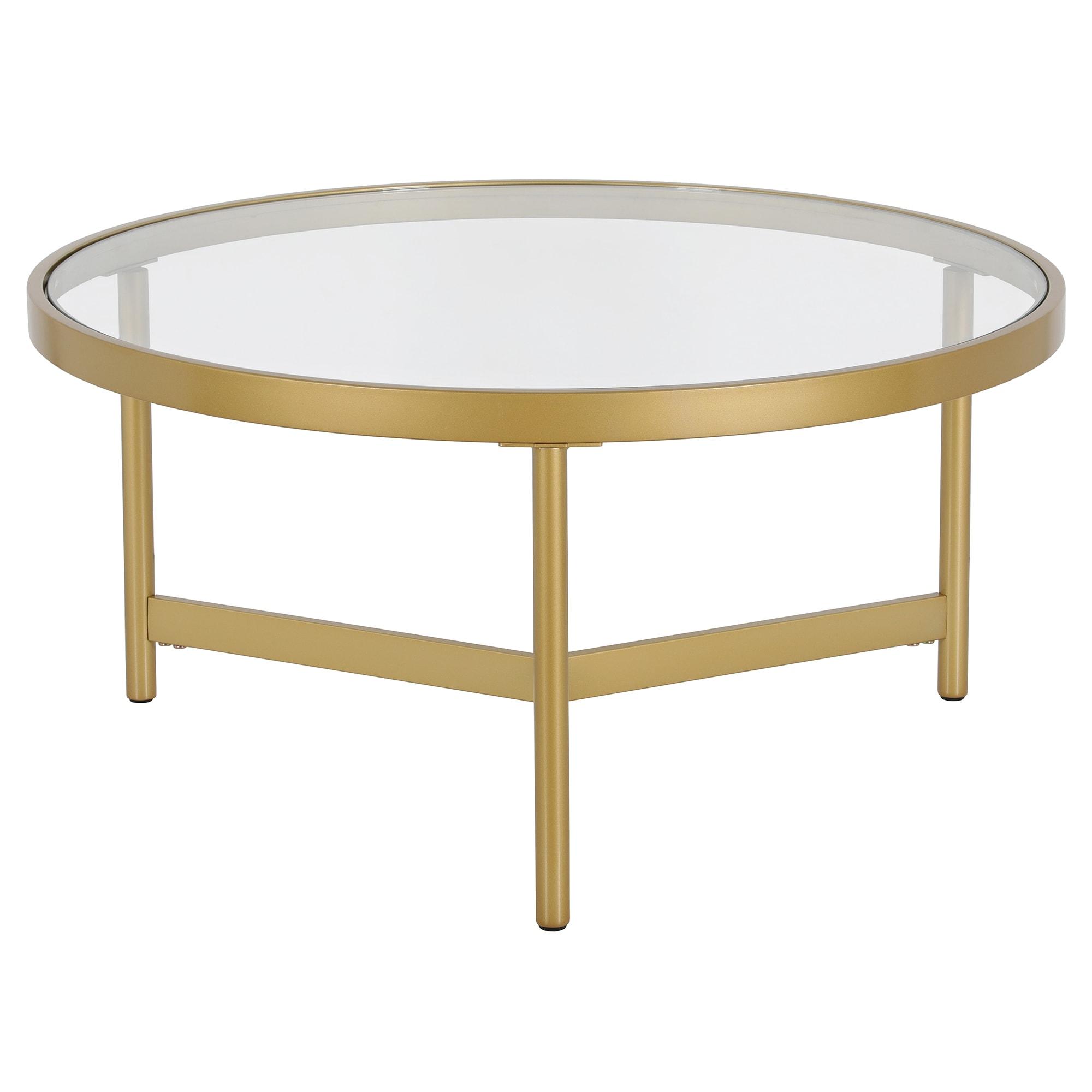 Evelyn&Zoe Yara 32" Wide Round Coffee Table with Glass Top, Brass