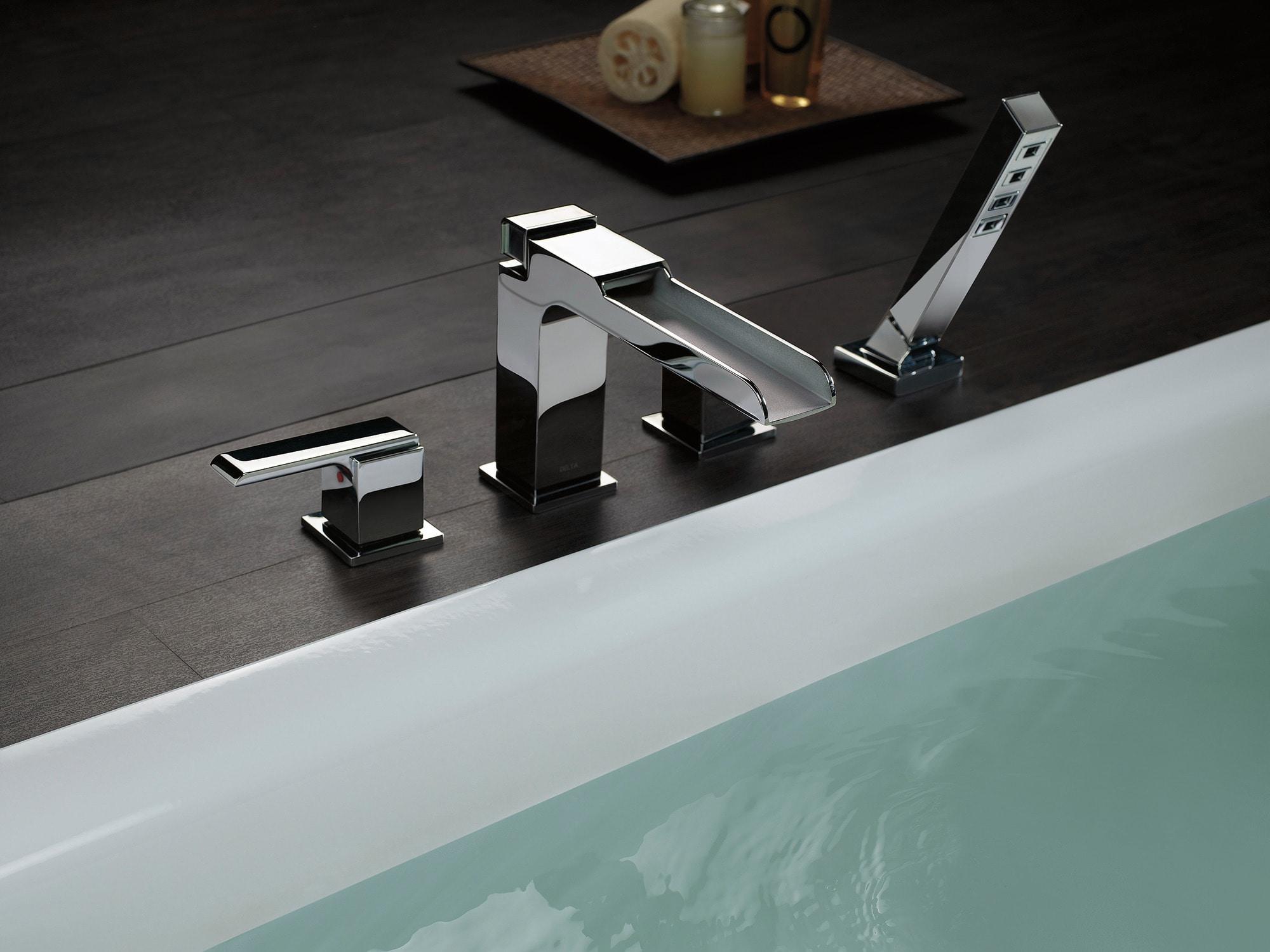 Ara Double Handle Deck Mounted Roman Tub Faucet Trim with Handshower