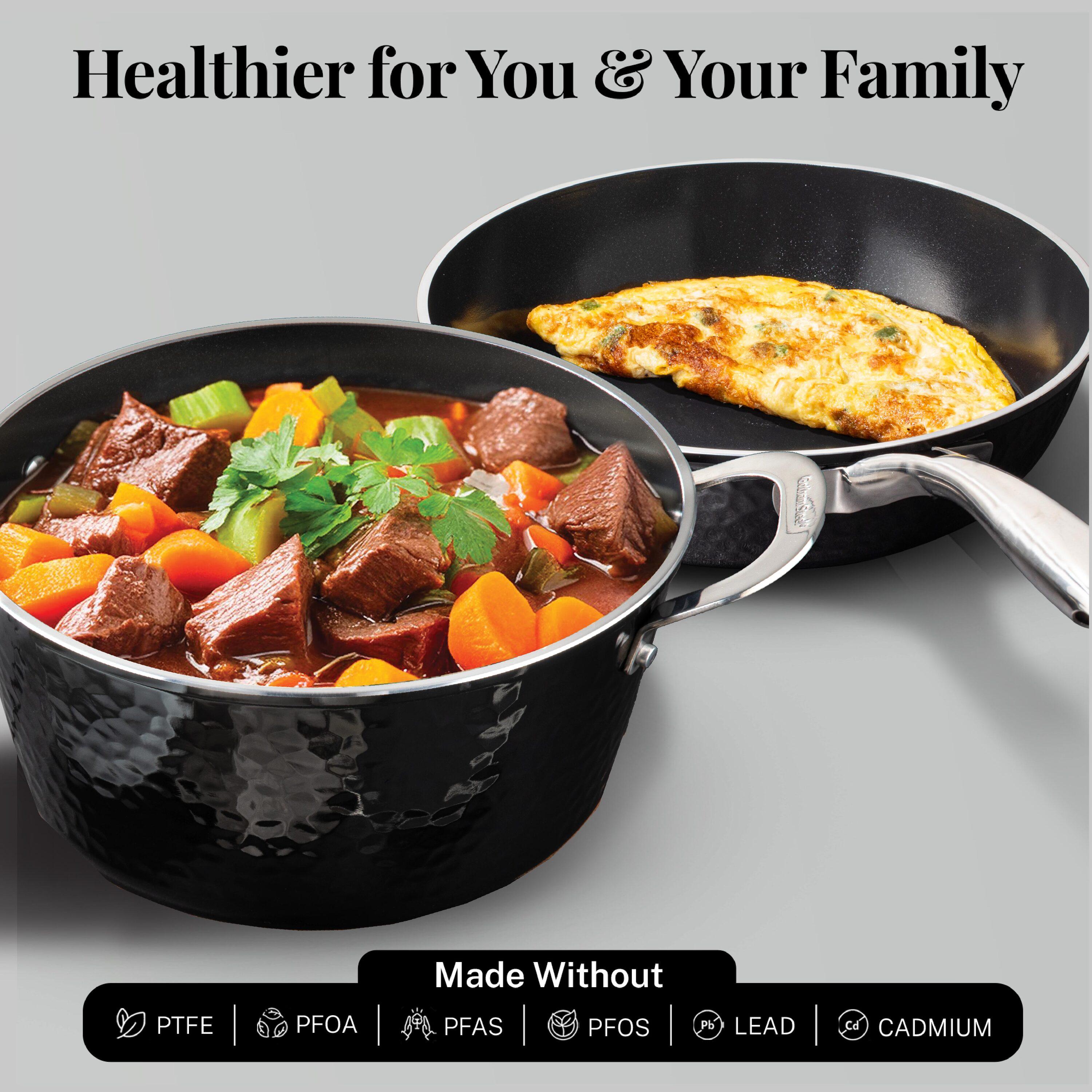 Gotham Steel Hammered Stock Pot 5 Quart Large Soup Pasta Pot Nonstick Ceramic Cooking with Glass Lid Black