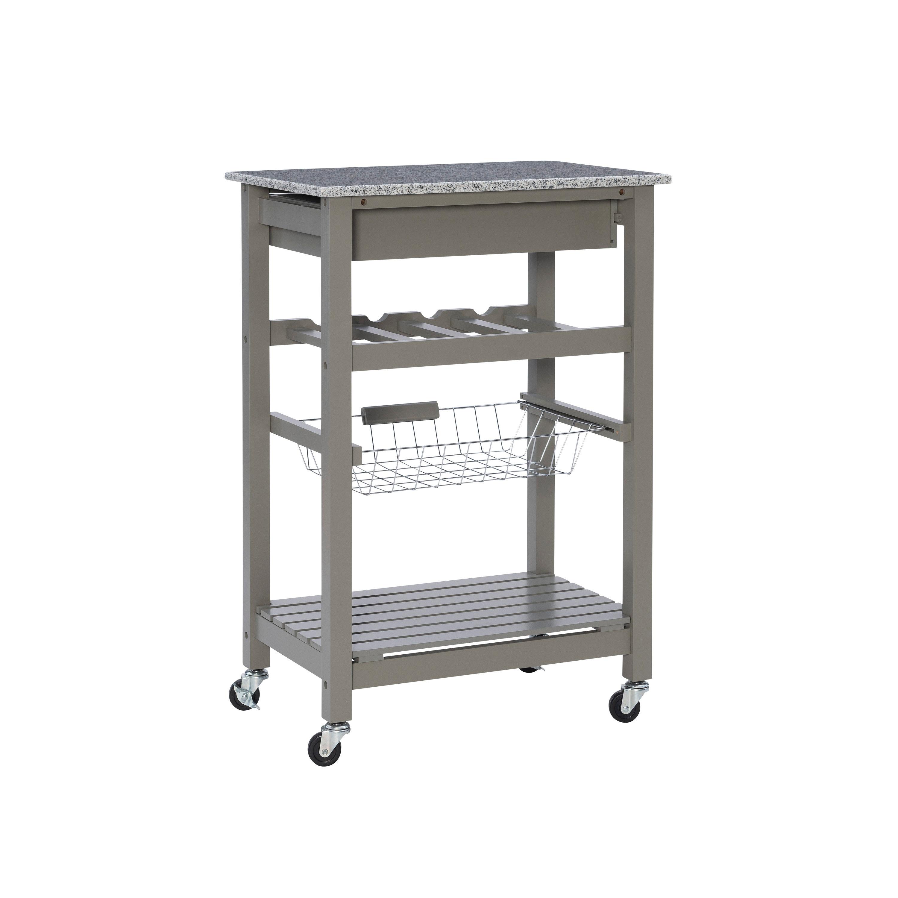 Roger Gray Wood Movable Kitchen Cart Granite Top Storage Wine Rack Locking Wheels - Linon