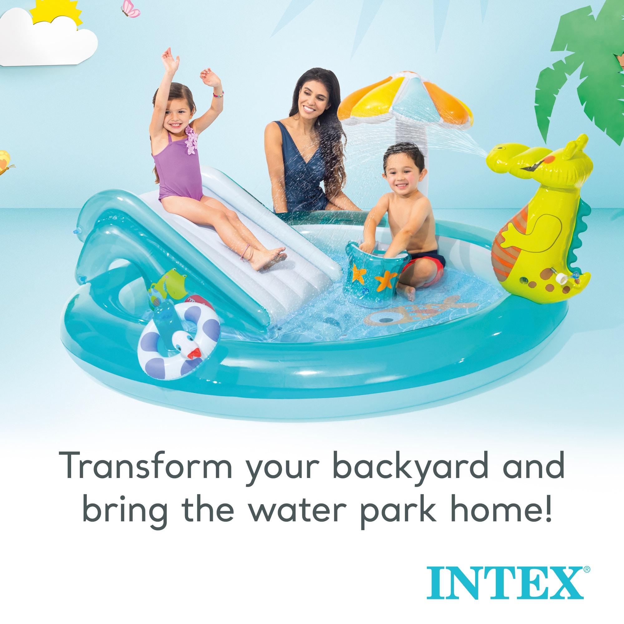 Intex 57165EP Gator 6.6ft x 5.6ft x 4in Outdoor Inflatable Kiddie Pool Water Play Center with Slide, for Toddlers Ages 2 and Up