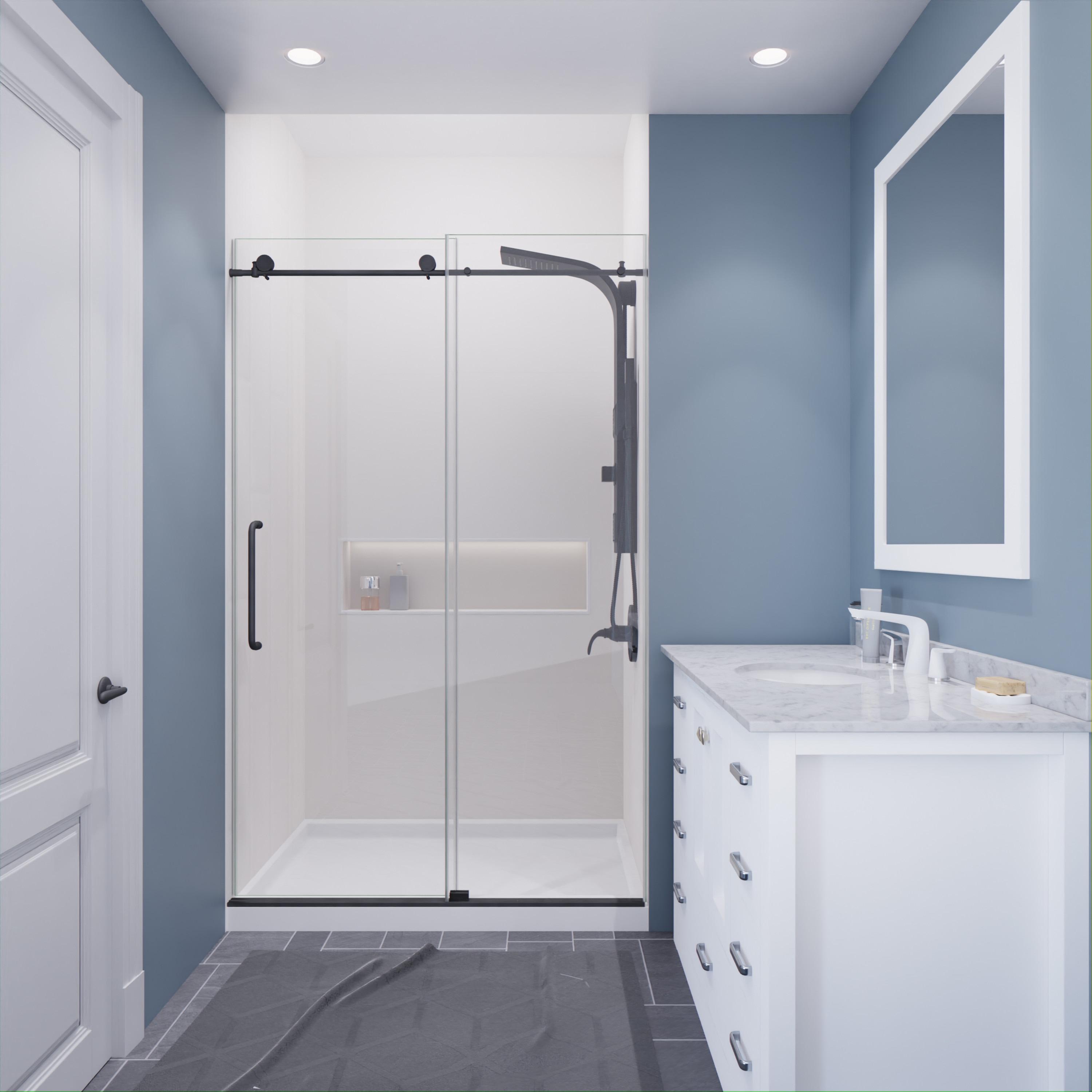 Madam Series 48 In. By 76 In. Frameless Sliding Shower Door In Gunmetal With Clear Tempered Glass And Tsunami Guard