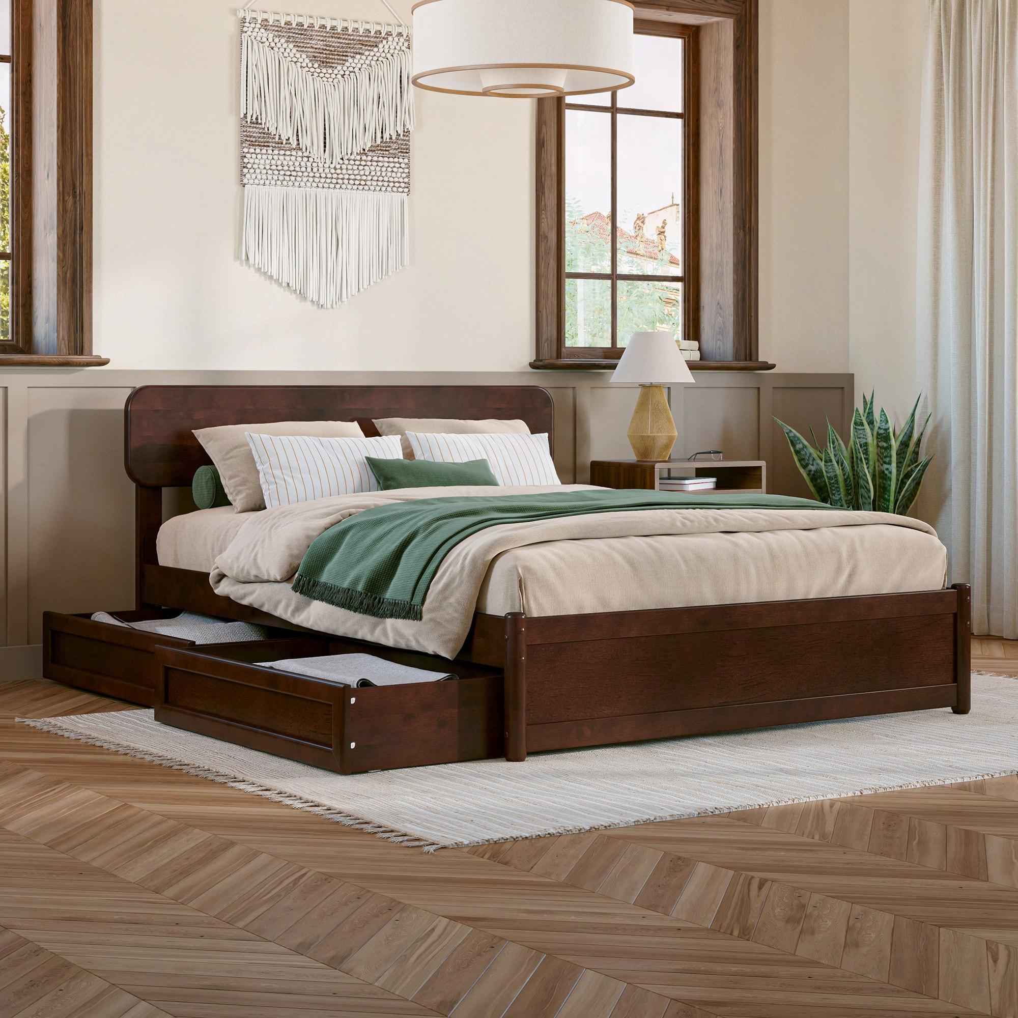 AFI Capri Full Solid Wood Platform Bed with Panel Footboard and Storage Drawers, Walnut