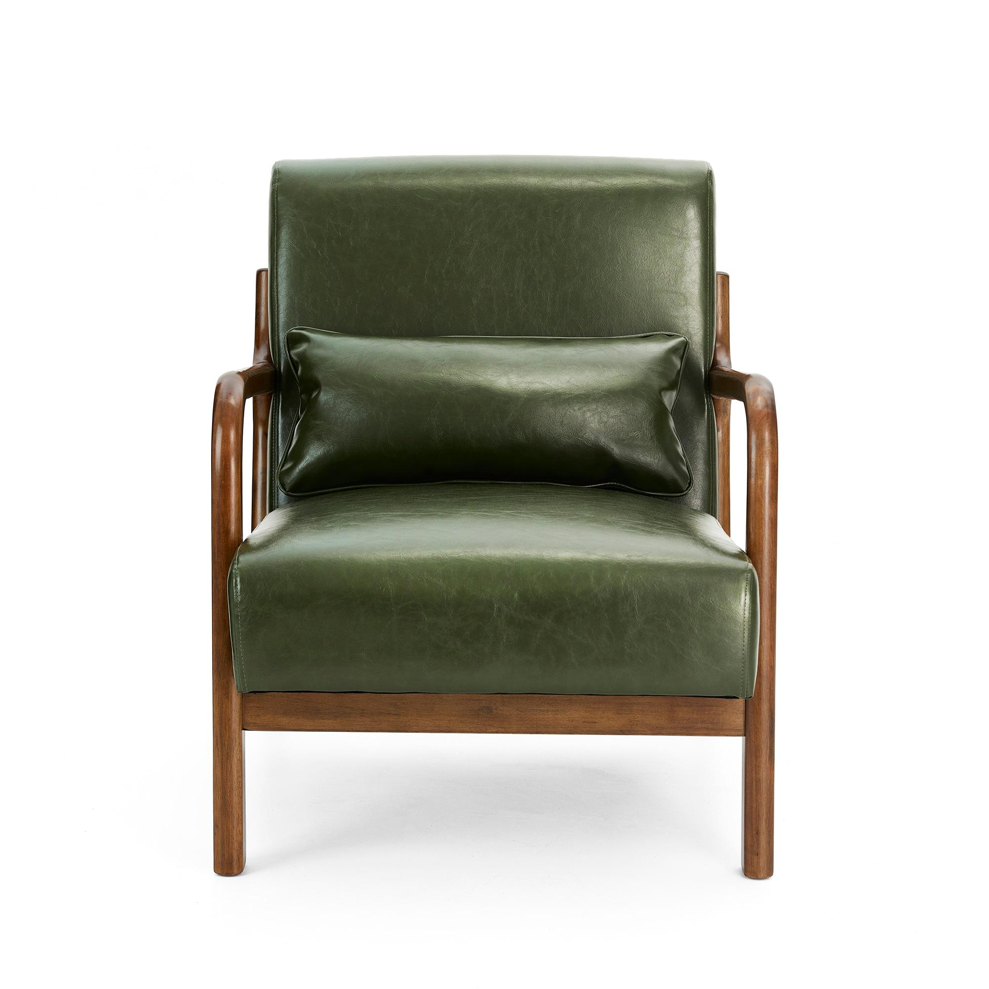 Mid-Century Modern Leatherette Arm Accent Chair Walnut Rubberwood Frame - Hunter Green - Glitzhome