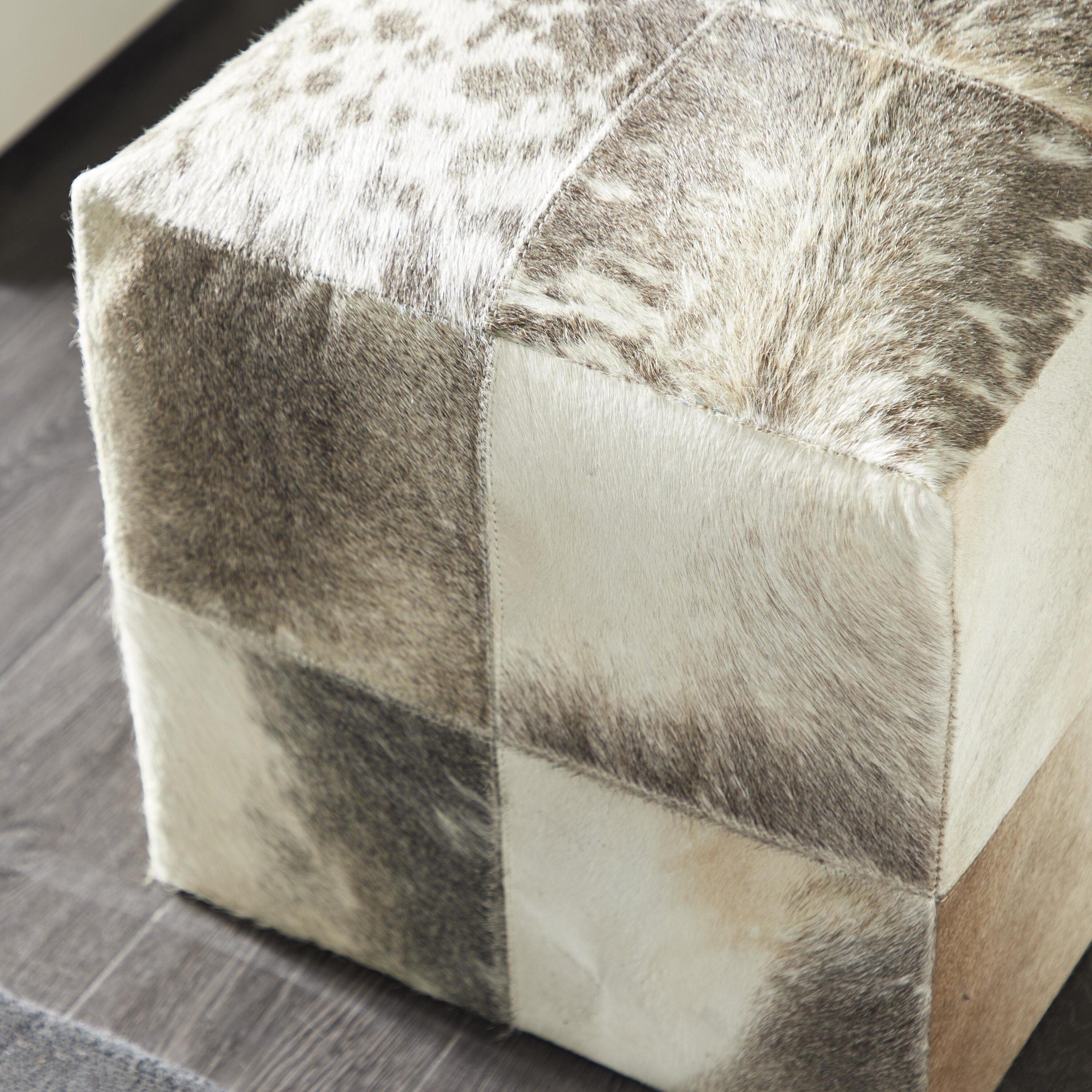 DecMode Leather Handmade Cowhide Stool with Patchwork Pattern, Gray