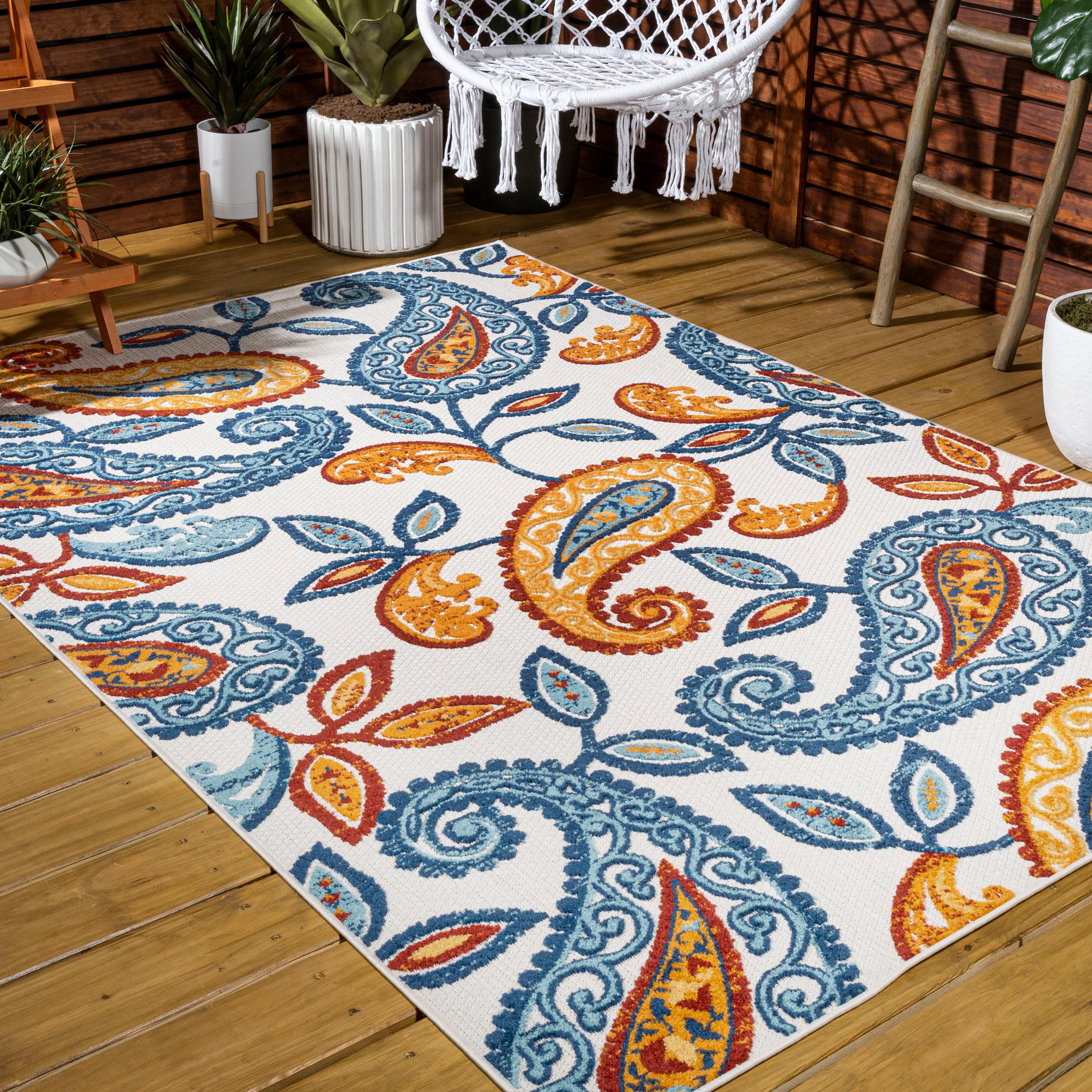 5'x8' Julien Paisley High-Low Indoor/Outdoor Area Rug, Orange/Blue - JONATHAN Y