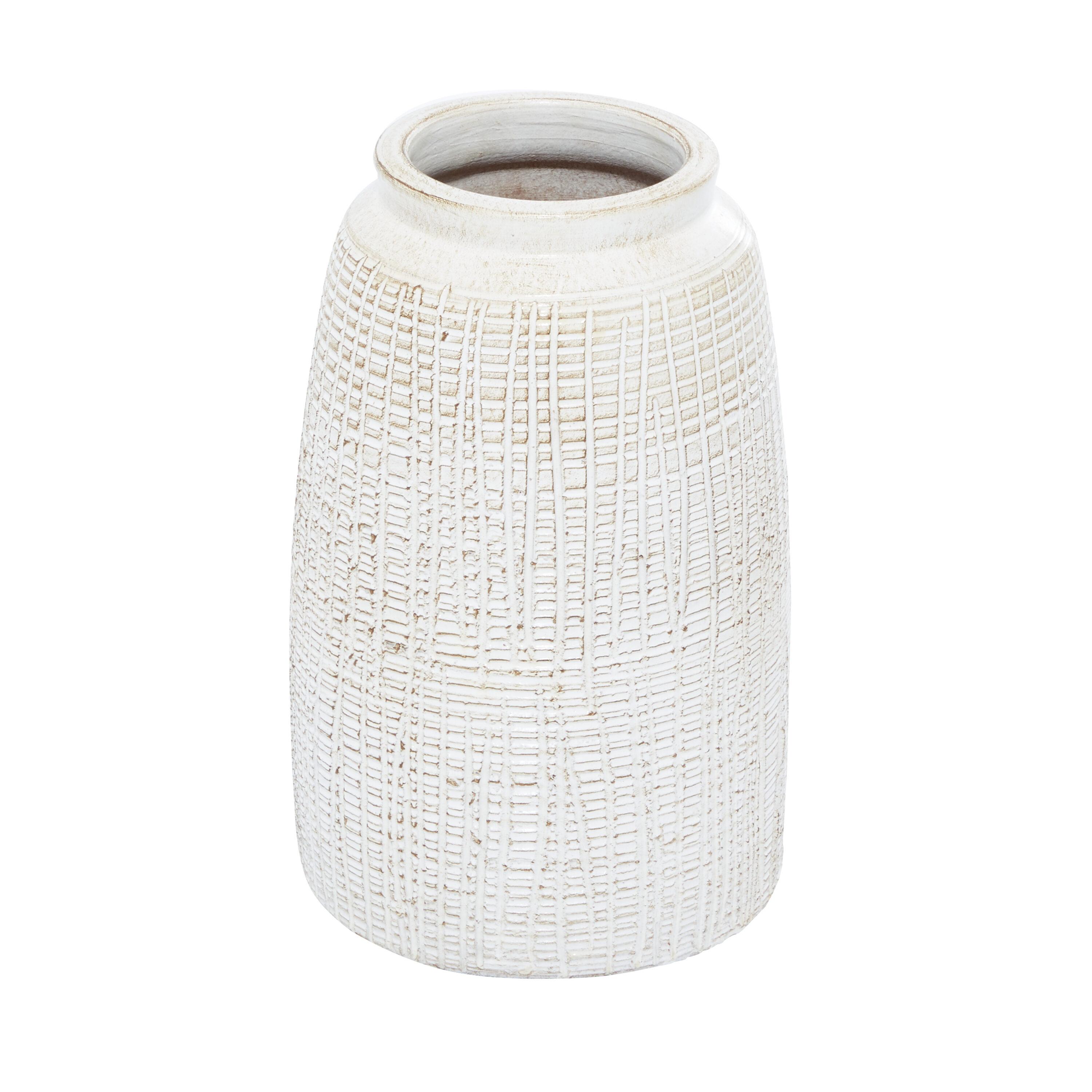 DecMode 11" Carved White Ceramic Vase with Crosshatch Design