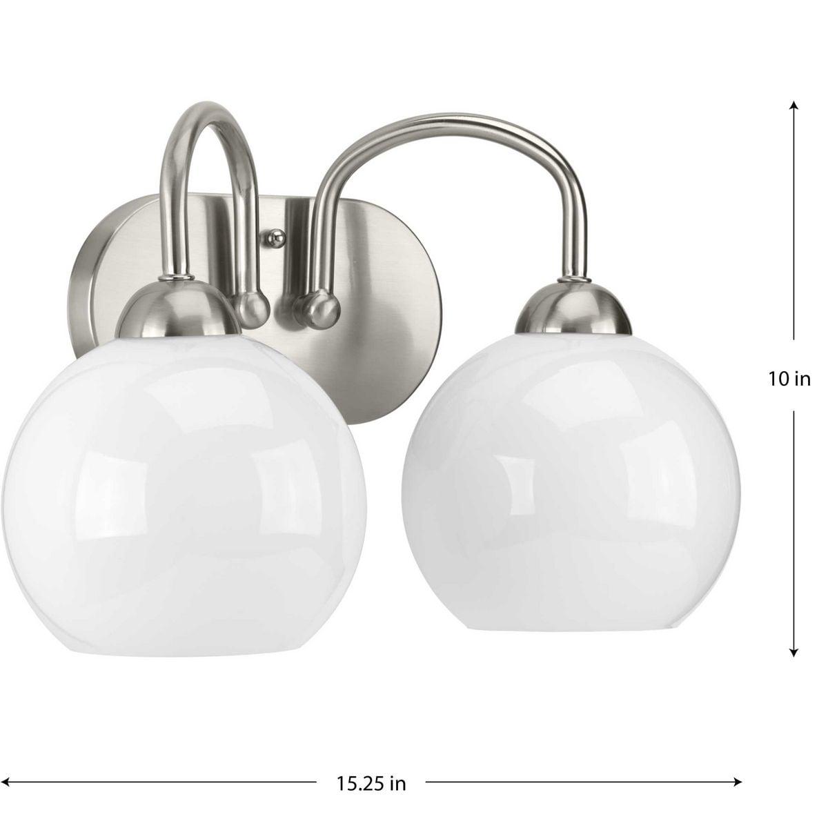 Progress Lighting Carisa 2-Light Bath Wall Light in Brushed Nickel with White Glass Globes