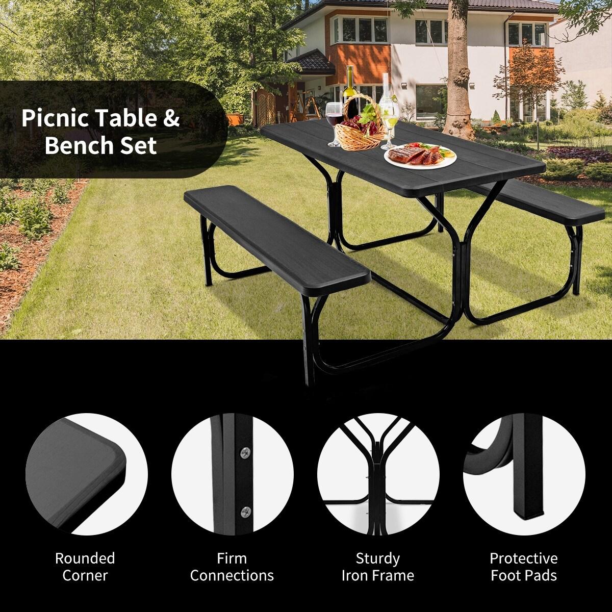 Kepooman Picnic Table, Camping Table, HDPE Outdoor Picnic Table Bench Set with Metal Base-Black