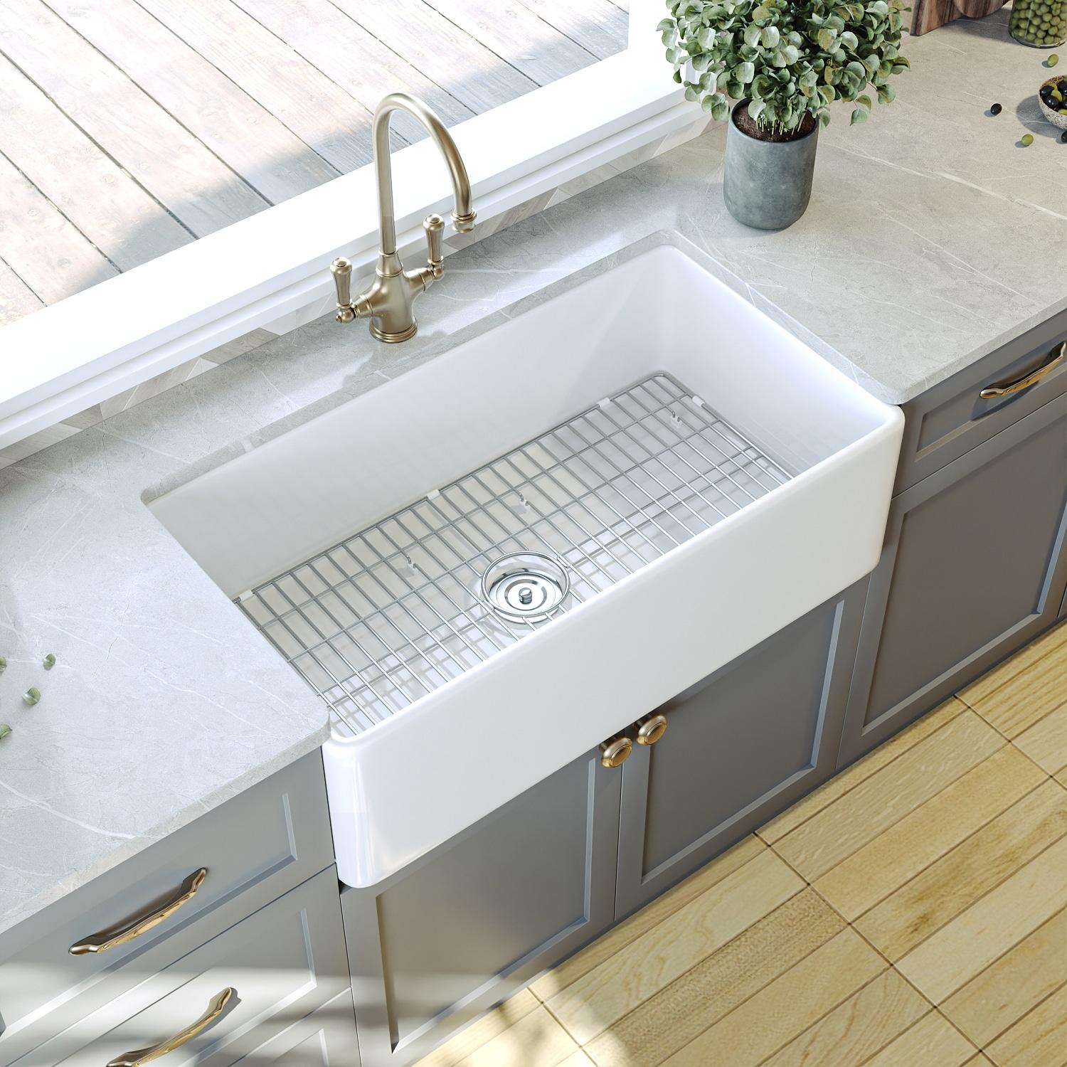 Grove 33" L X 18" W Rectangular Single Bowl Fireclay Farmhouse Kitchen Sink with Grid and Strainer