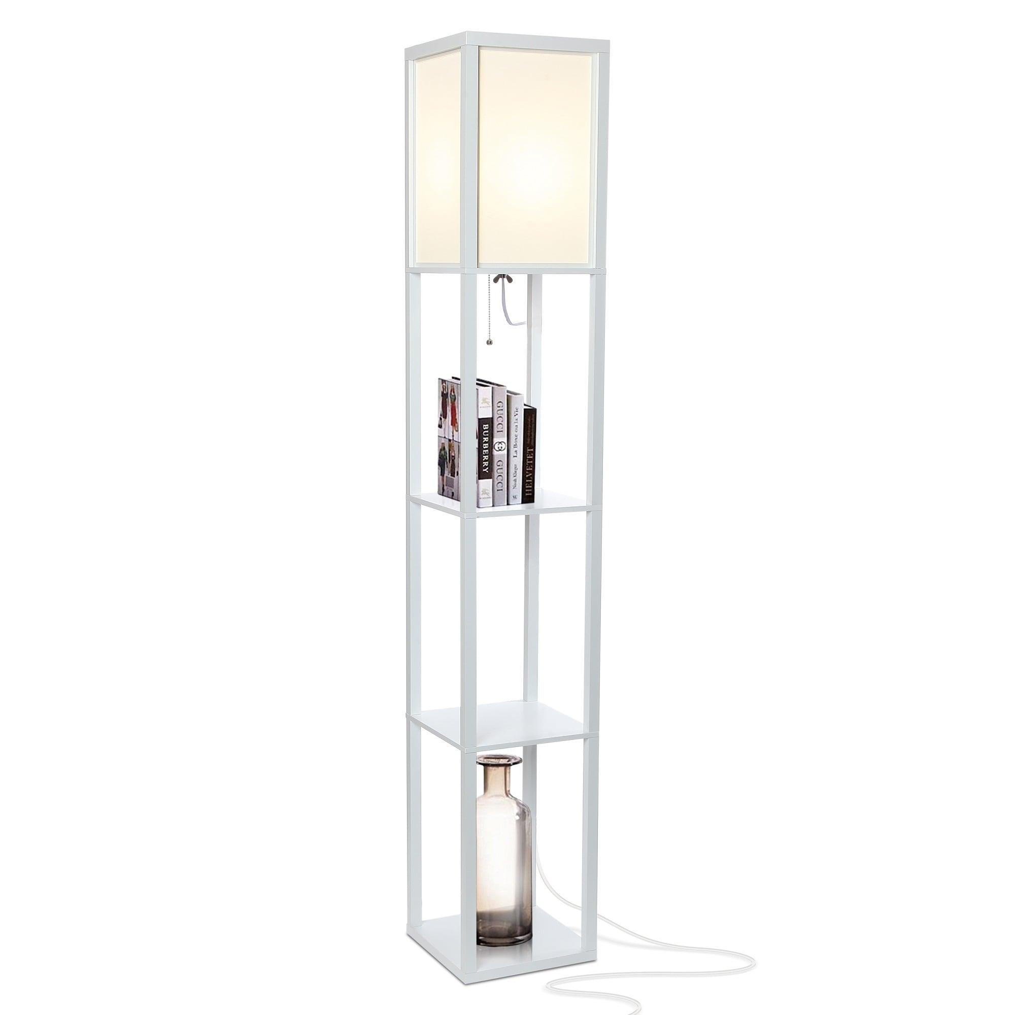 Brightech Maxwell - Modern LED Shelf Floor Lamp - Skinny End Table & Nightstand for Bedroom - Combo Narrow Side Table with Standing Accent Light Attached - Asian Tower Book Shelves - White