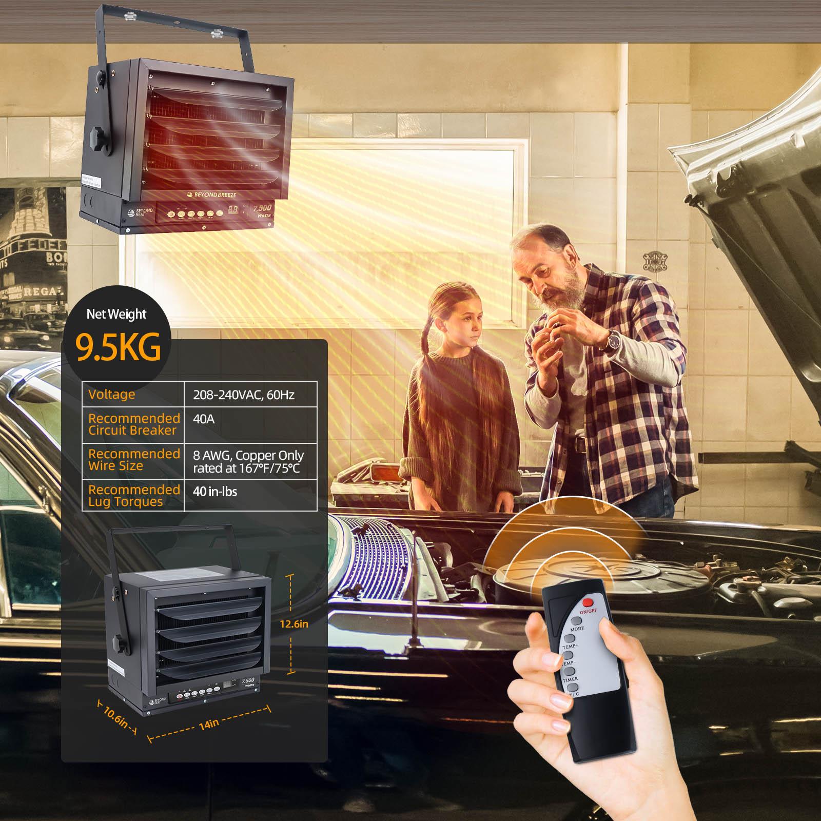 BEYOND HEAT Garage Heater, 7500W Heater for Garage with Full-Function Remote, 12-Hour Timer, Adjustable Thermostat, Overheat Protection for Garage, Workshop and Warehouse
