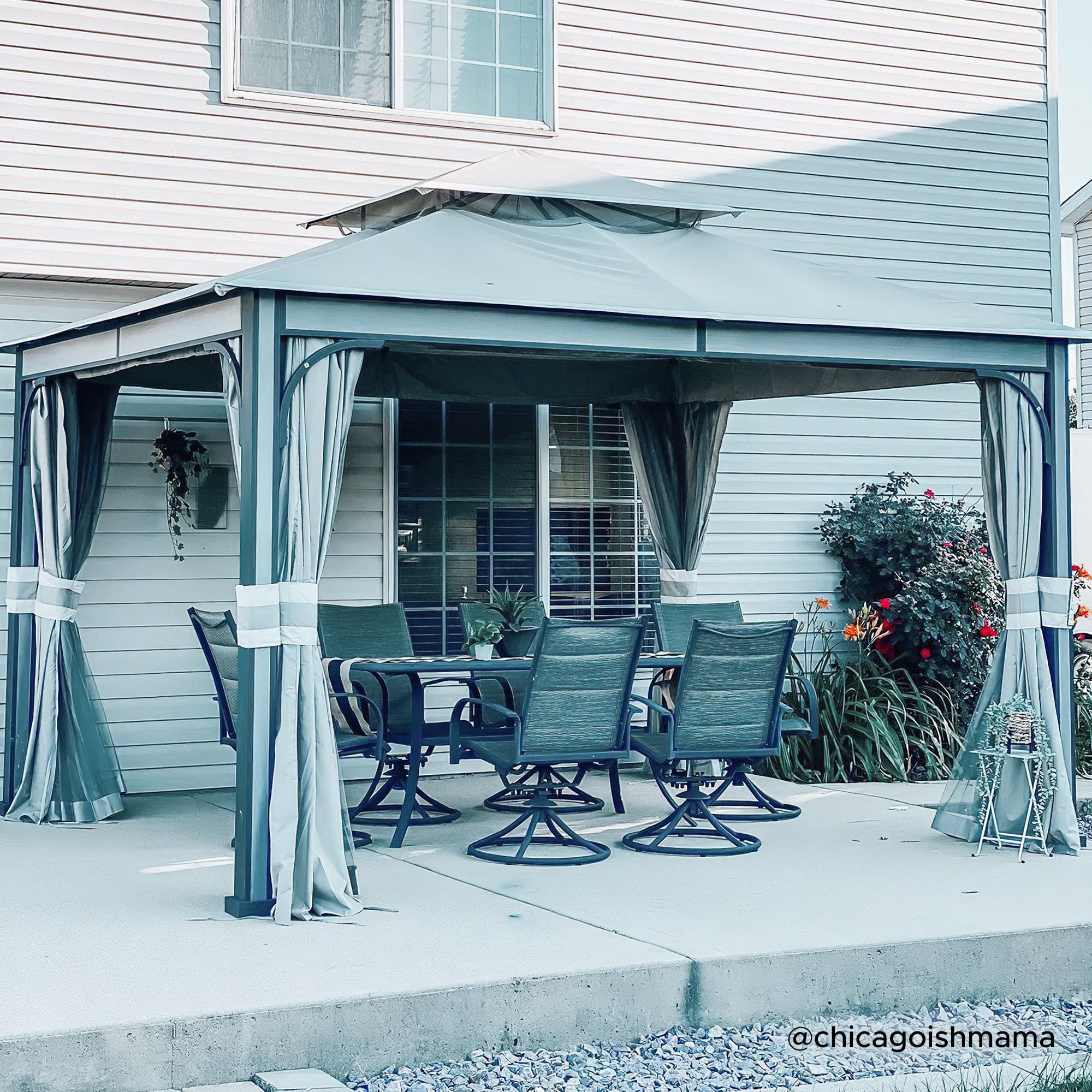 Sunjoy Roberts Outdoor Patio Steel Frame 11 x 13 ft. 2-Tier Soft Top Gazebo with Light Gray Canopy Roof, Netting, and Curtains