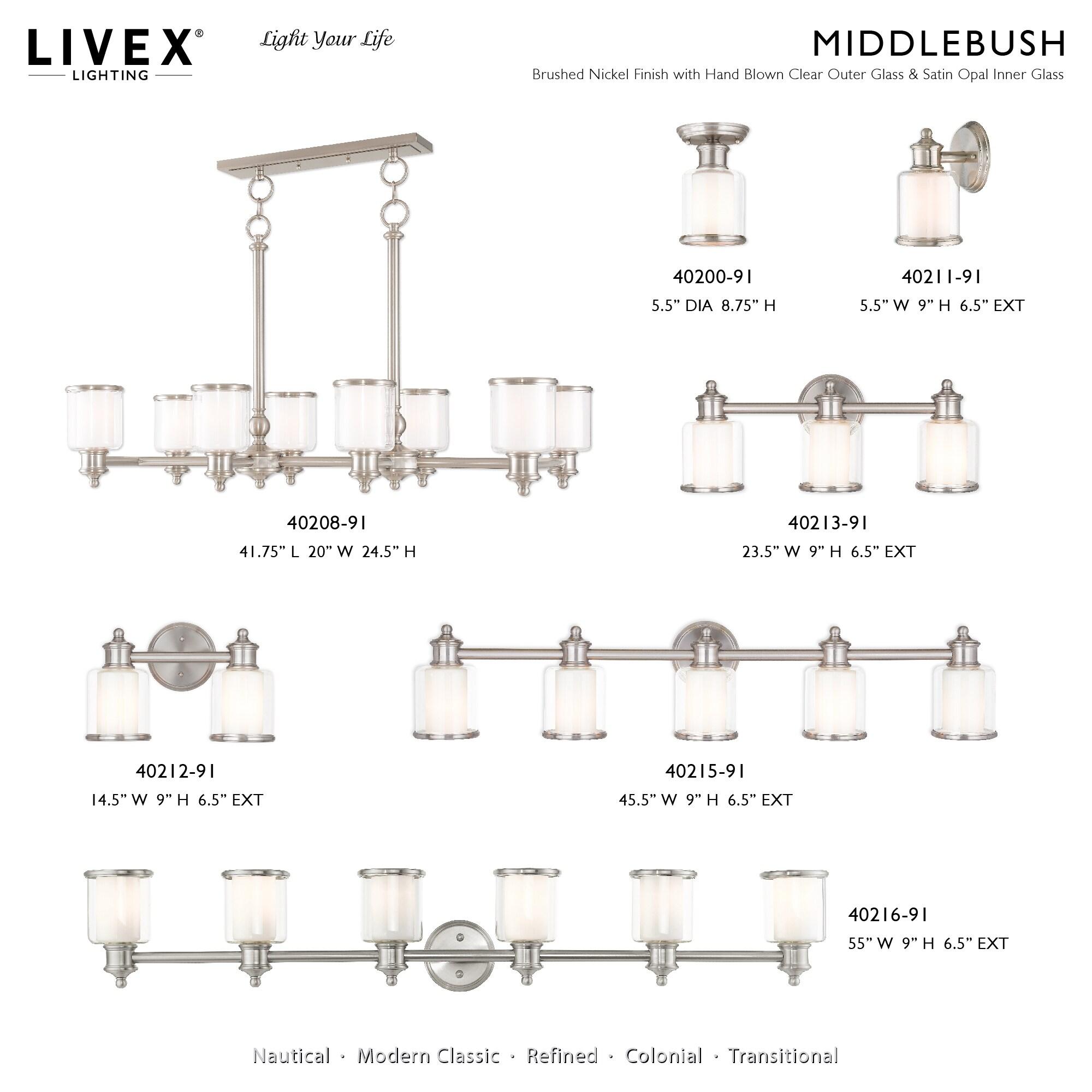 Livex Lighting 40208-91 Transitional Eight Light Linear Chandelier from Middlebush Collection in Pwt, Nckl, B/S, Slvr. Finish, 41.75 inches, 24.50x41.75x20.00, Brushed Nickel