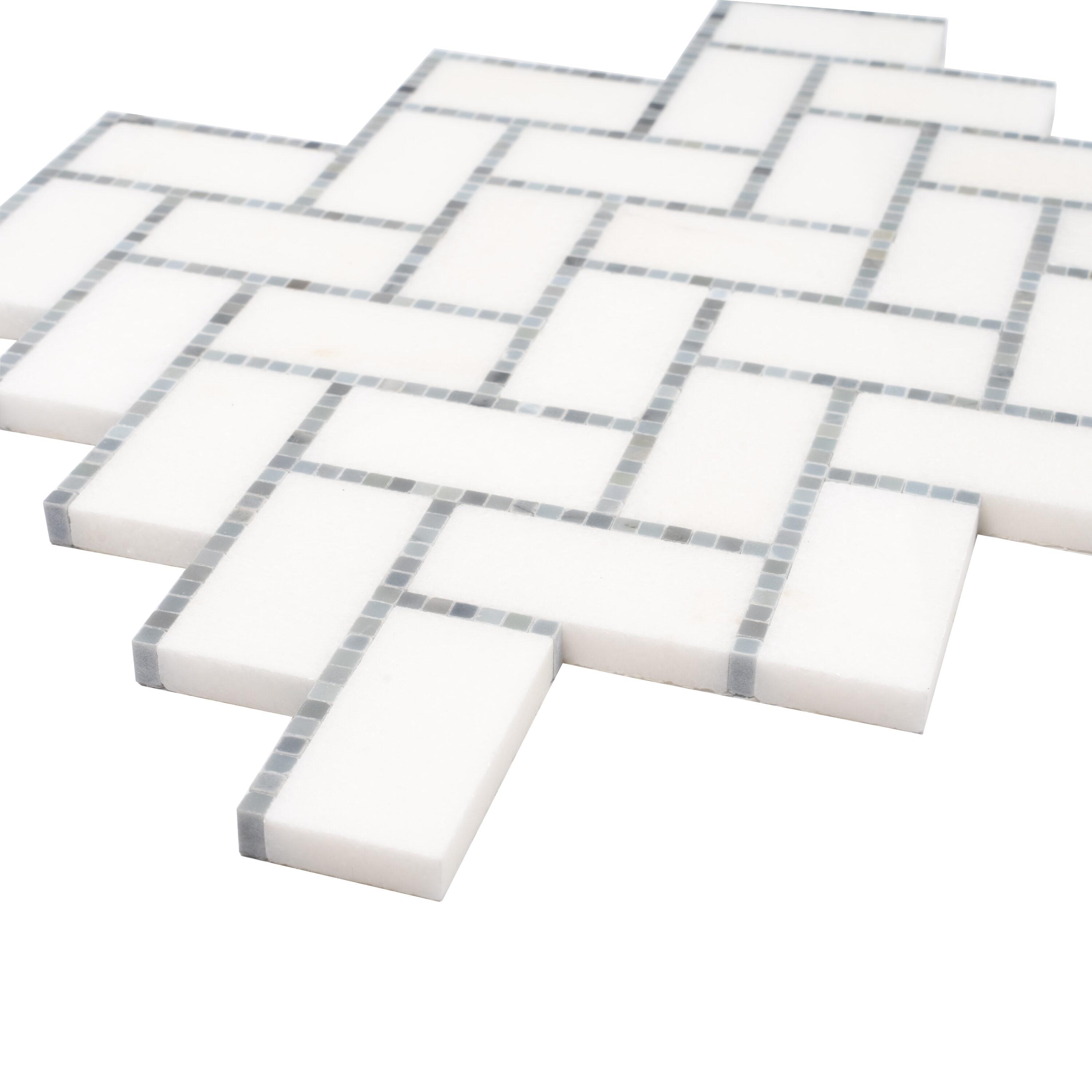 5 pack White and Gray 9.8 in. x 10.8 in. Polished Herringbone Marble Mosaic Floor and Wall Tile (3.68 sq. ft./Case)