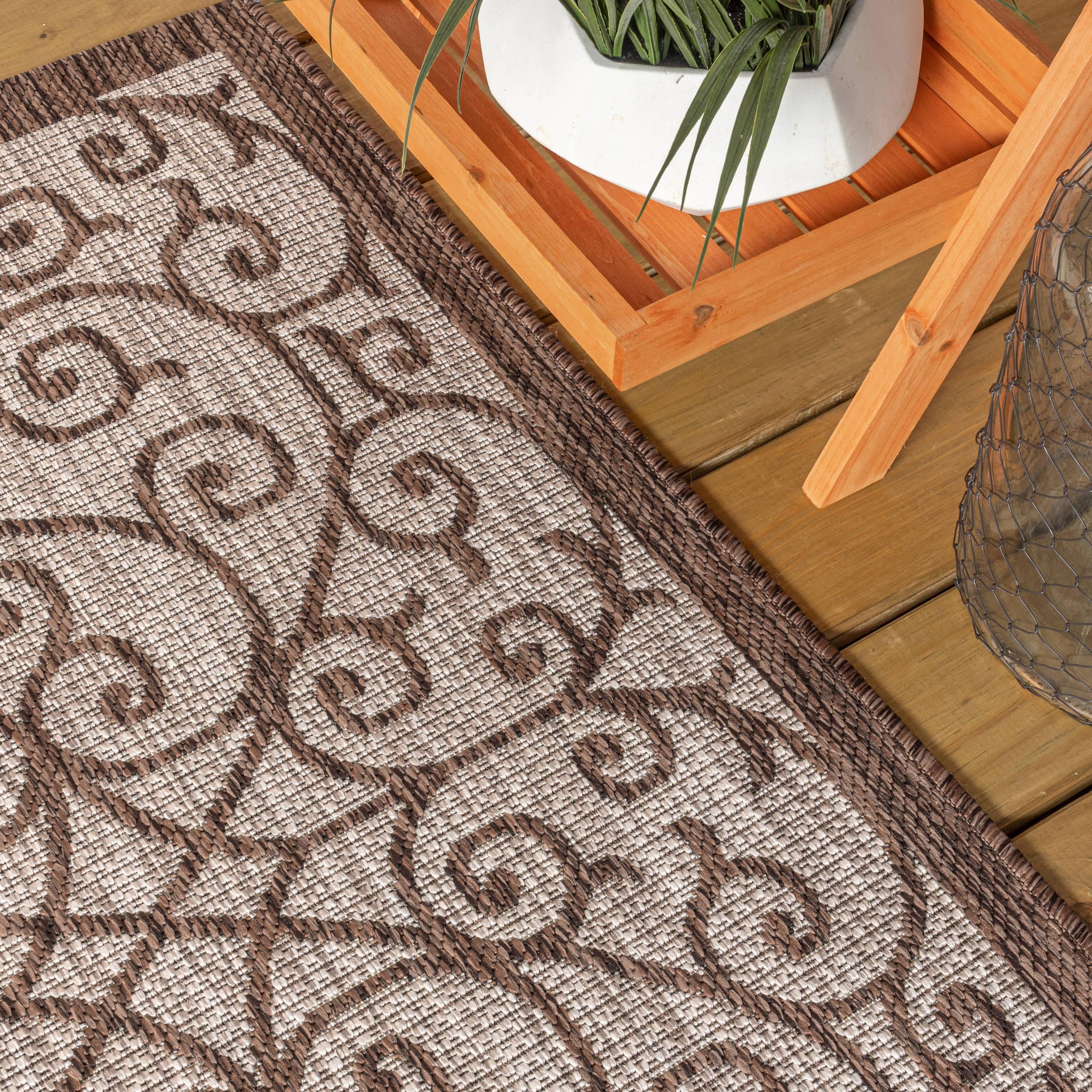 5' Square Madrid Vintage Filigree Textured Weave Indoor/Outdoor Area Rug, Taupe/Espresso - JONATHAN Y