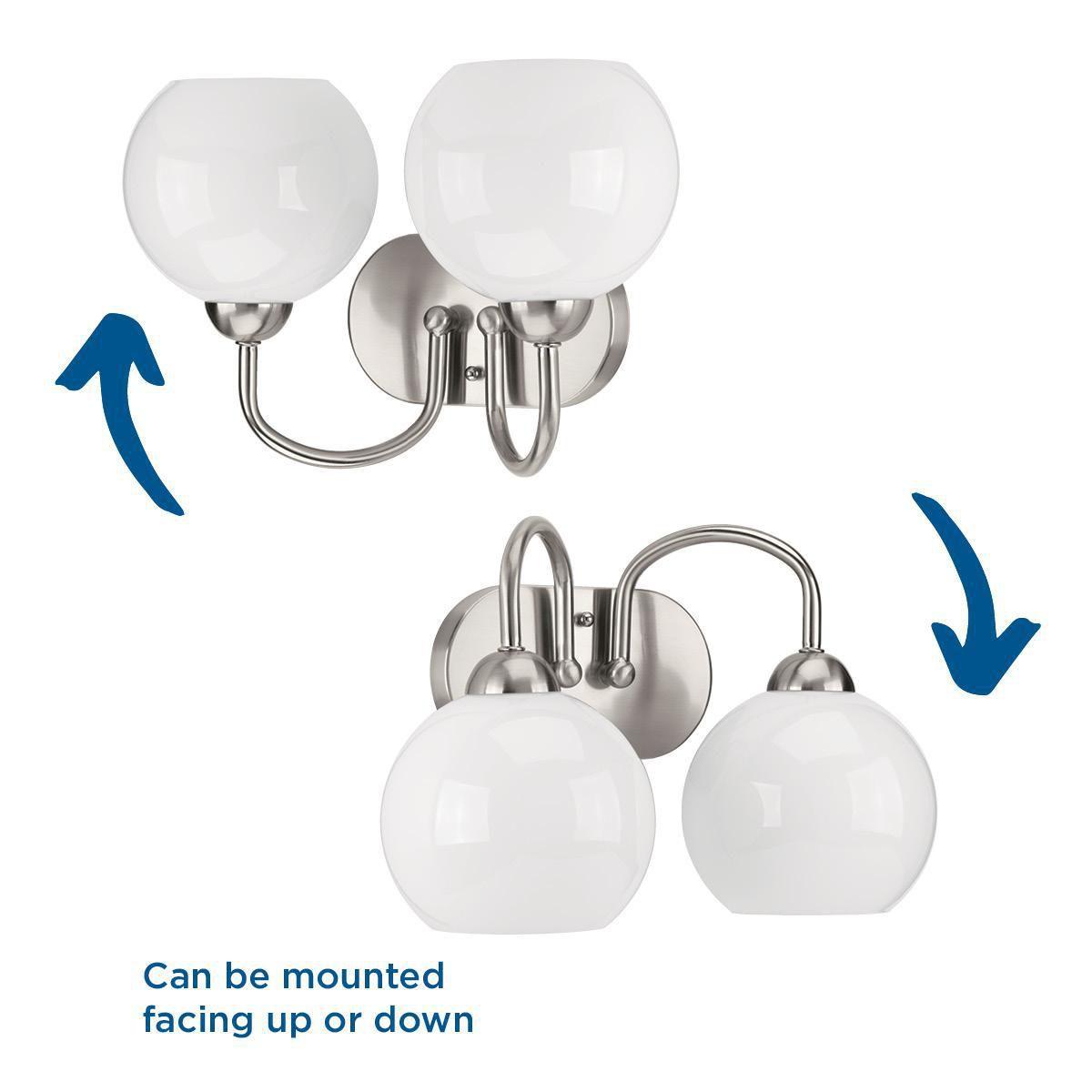 Progress Lighting Carisa 2-Light Bath Wall Light in Brushed Nickel with White Glass Globes