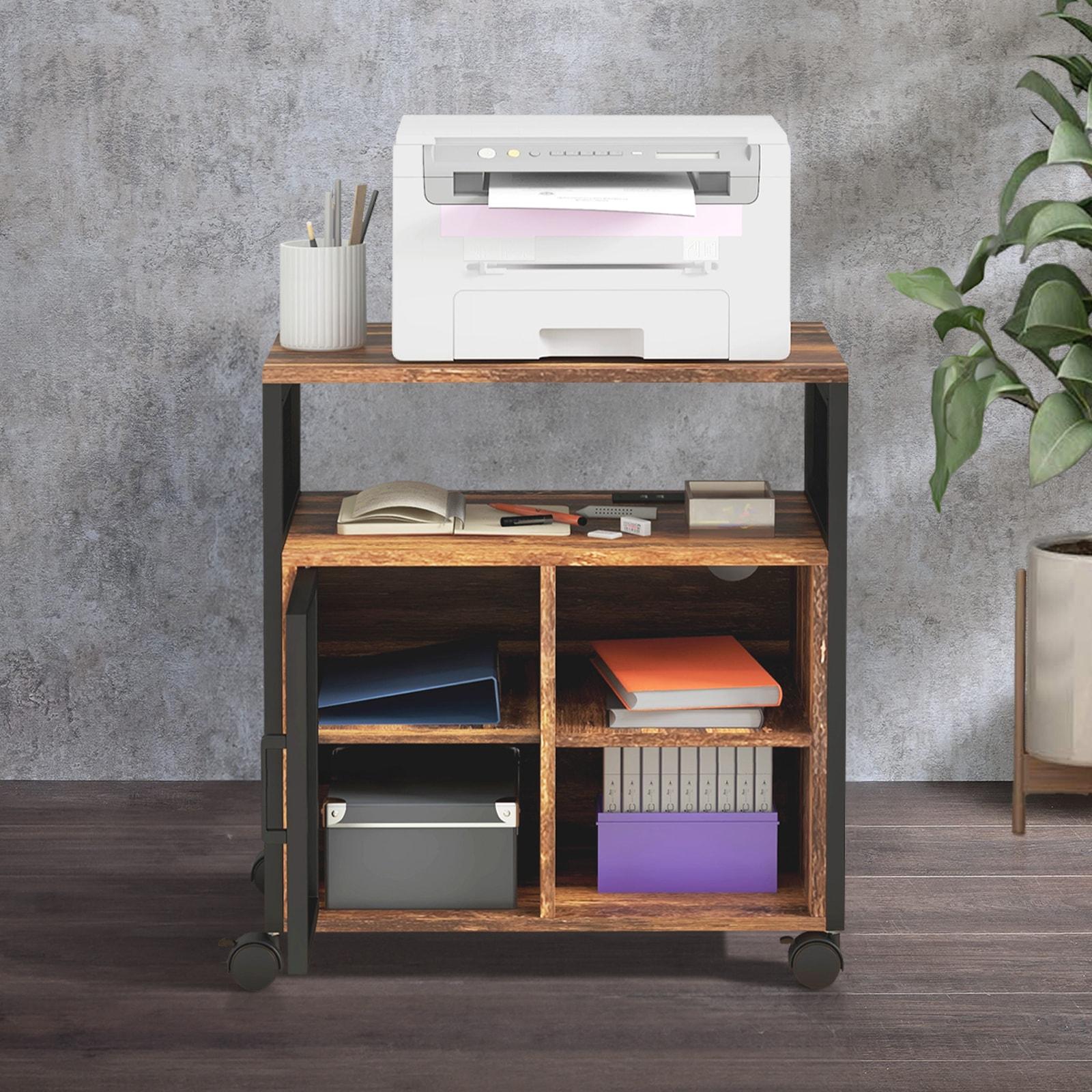 Topcobe Printer Stand with Socket and USB Charging Ports, Industrial Mobile Printer Table with Storage and Wheels, Modern Furniture for Indoor, Rustic Brown