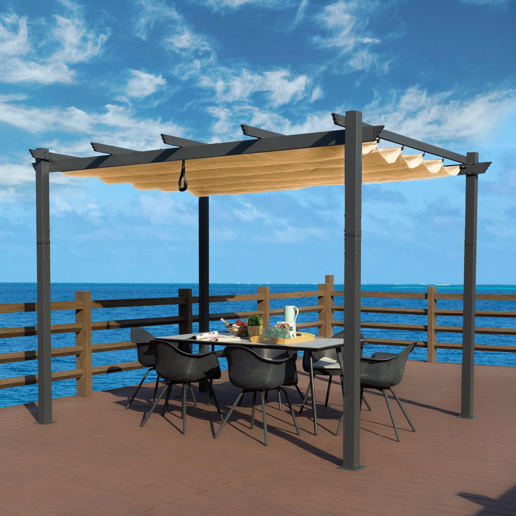 Beige Aluminum Outdoor Pergola with Retractable Canopy